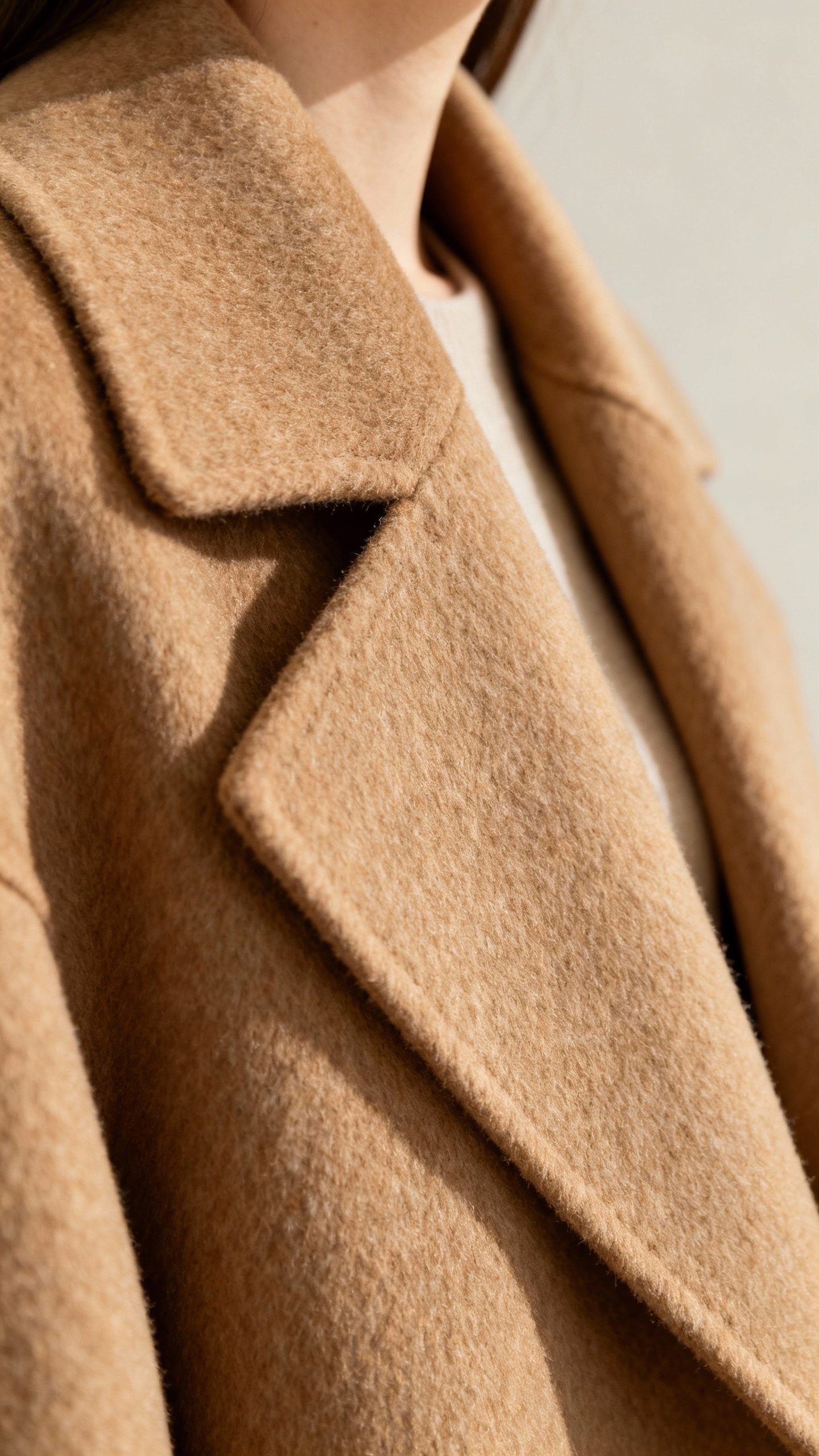 Closeup double-faced wool camel coat collar, oversized lapel texture