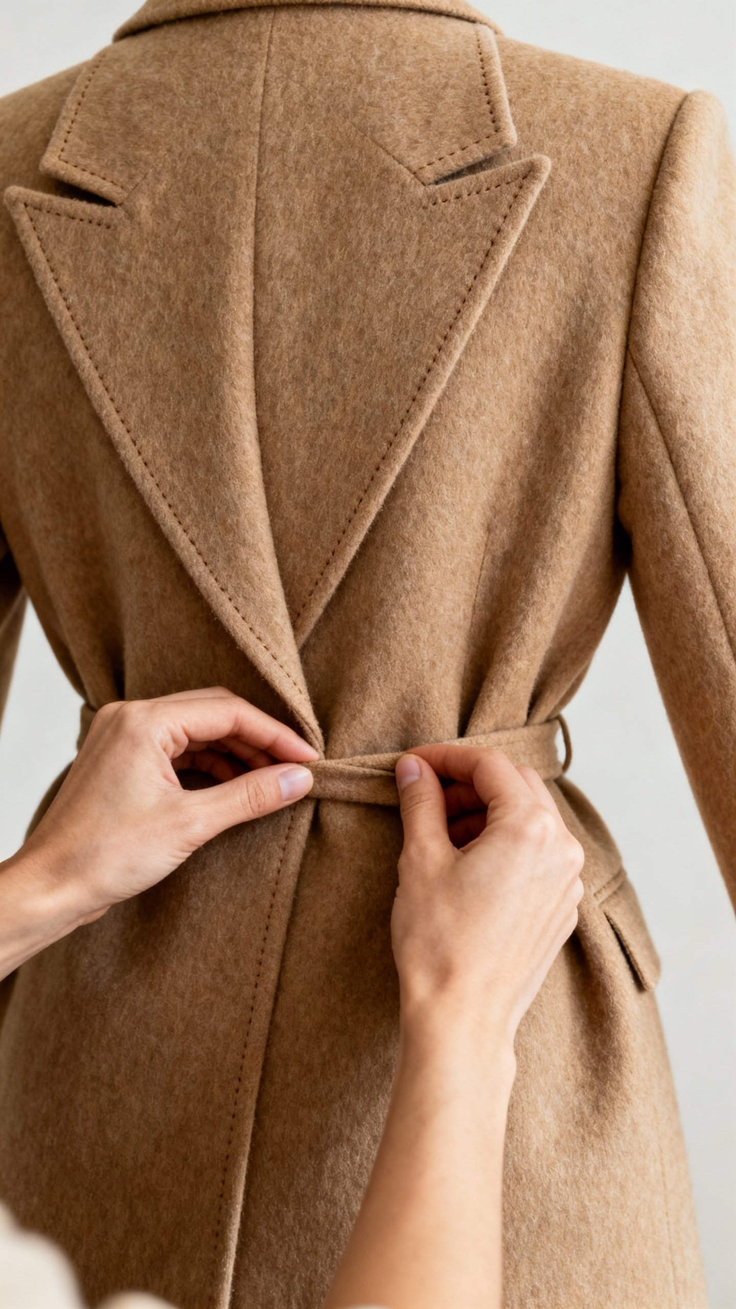 Closeup female hands tailoring blazer waist, camel wool, sharp shoulders