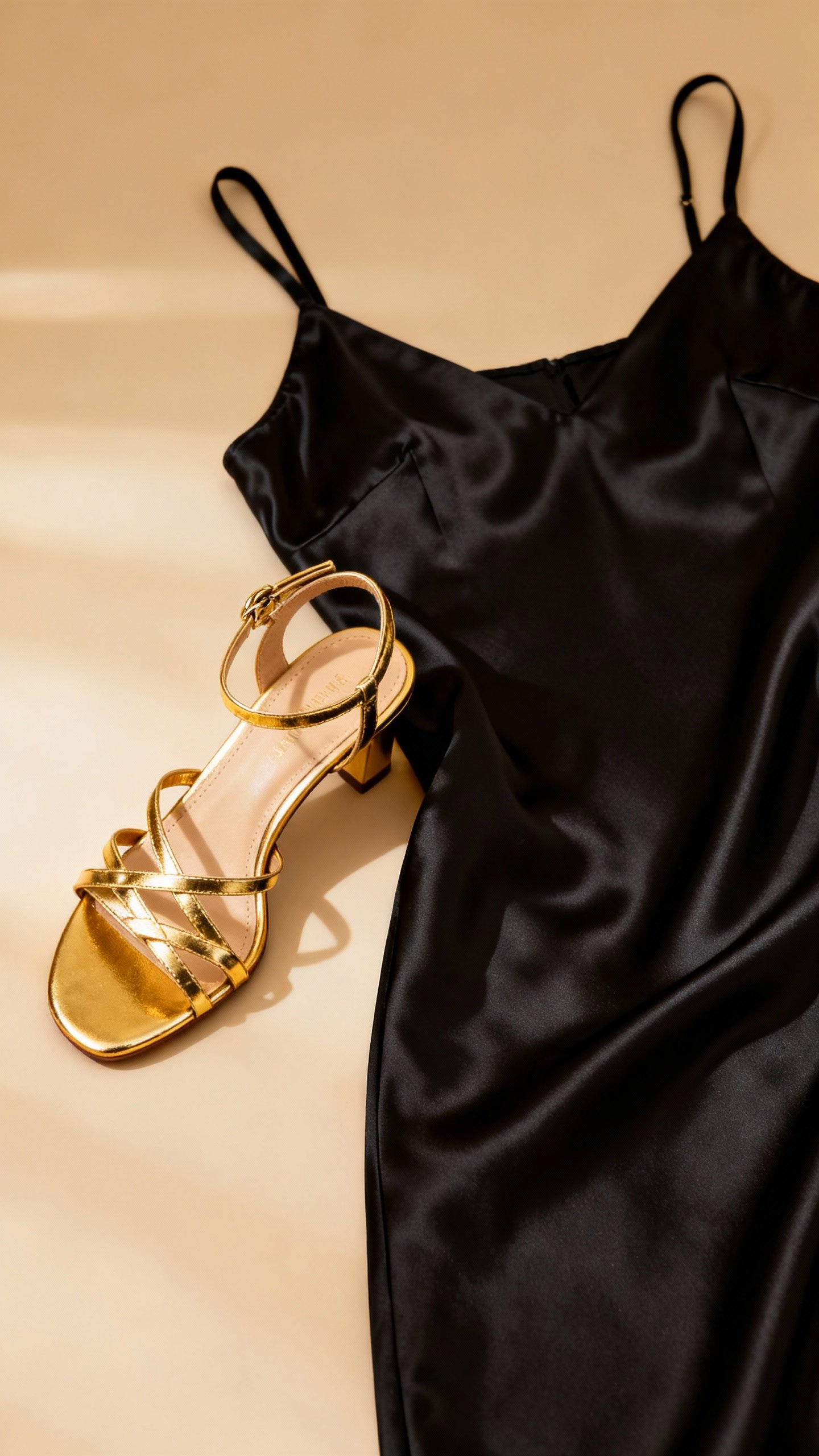 Closeup gold strappy heel beside black satin slip dress