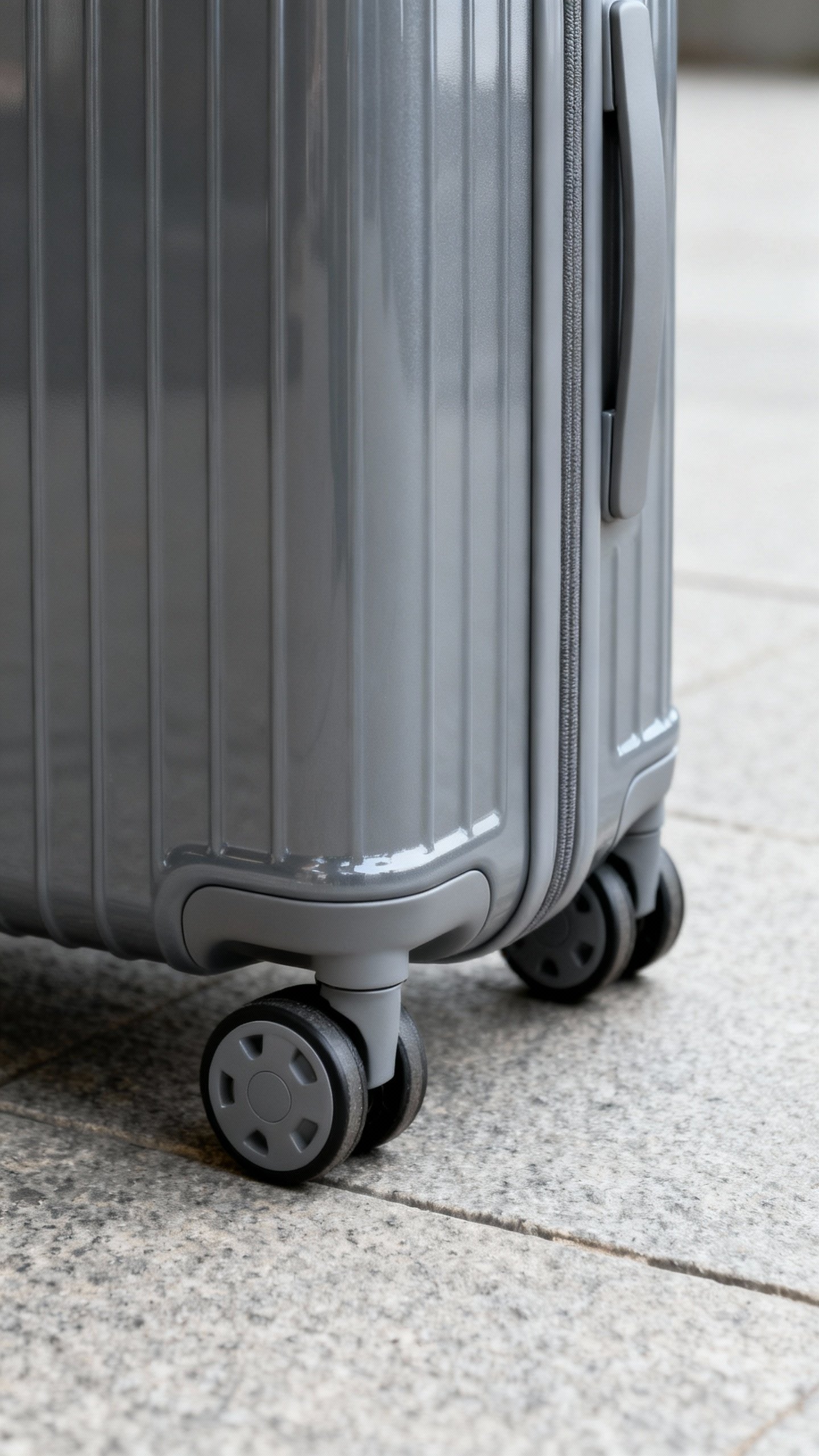 Closeup matte polycarbonate carry-on in stone grey, 360° spinner wheels