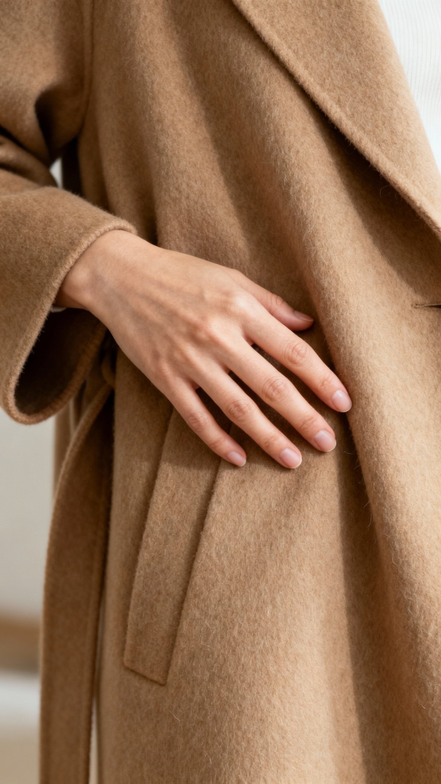 Closeup of camel cashmere overcoat drape, female hand testing fabric
