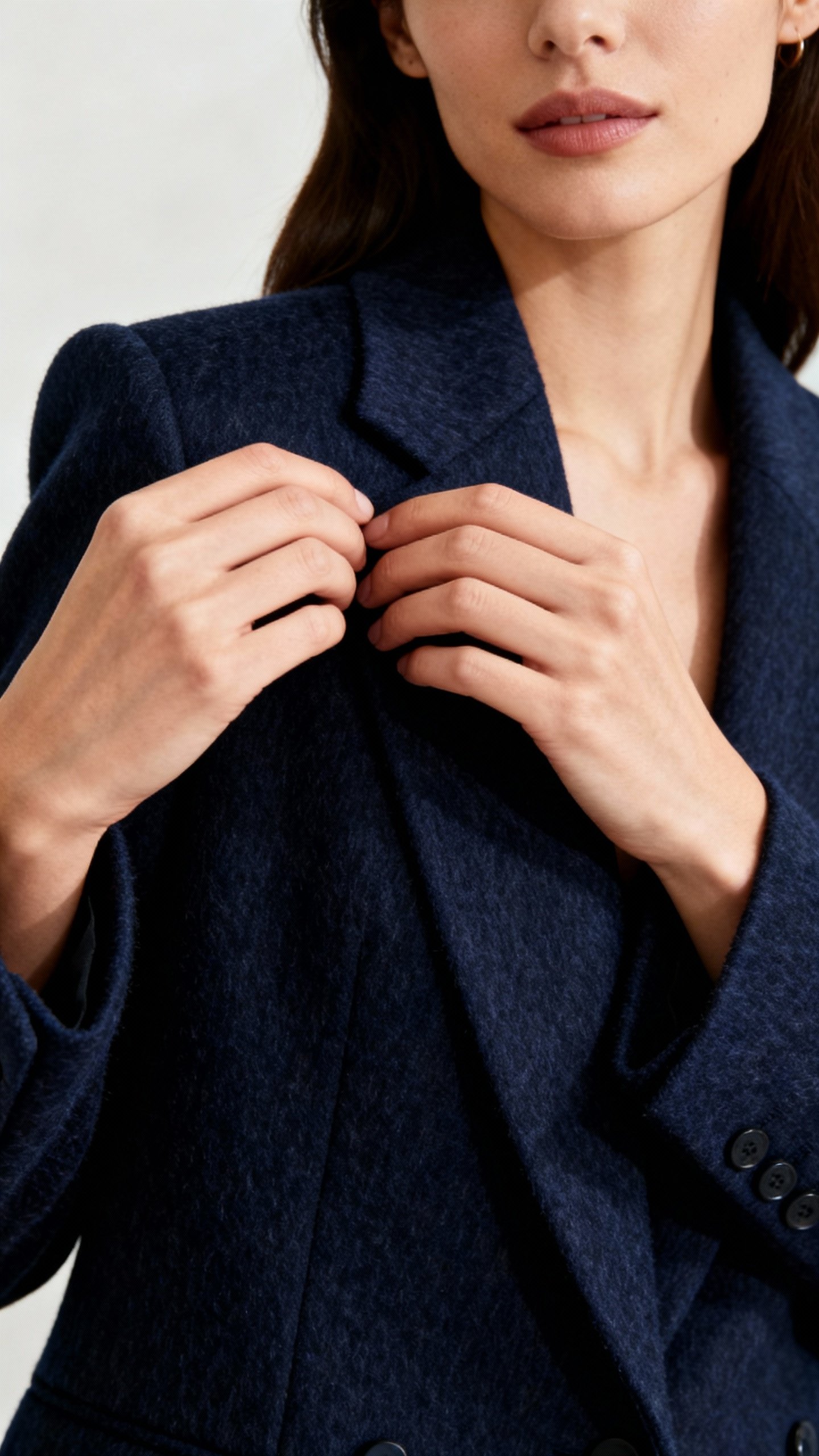 Closeup of female adjusting structured blazer shoulder, navy wool texture
