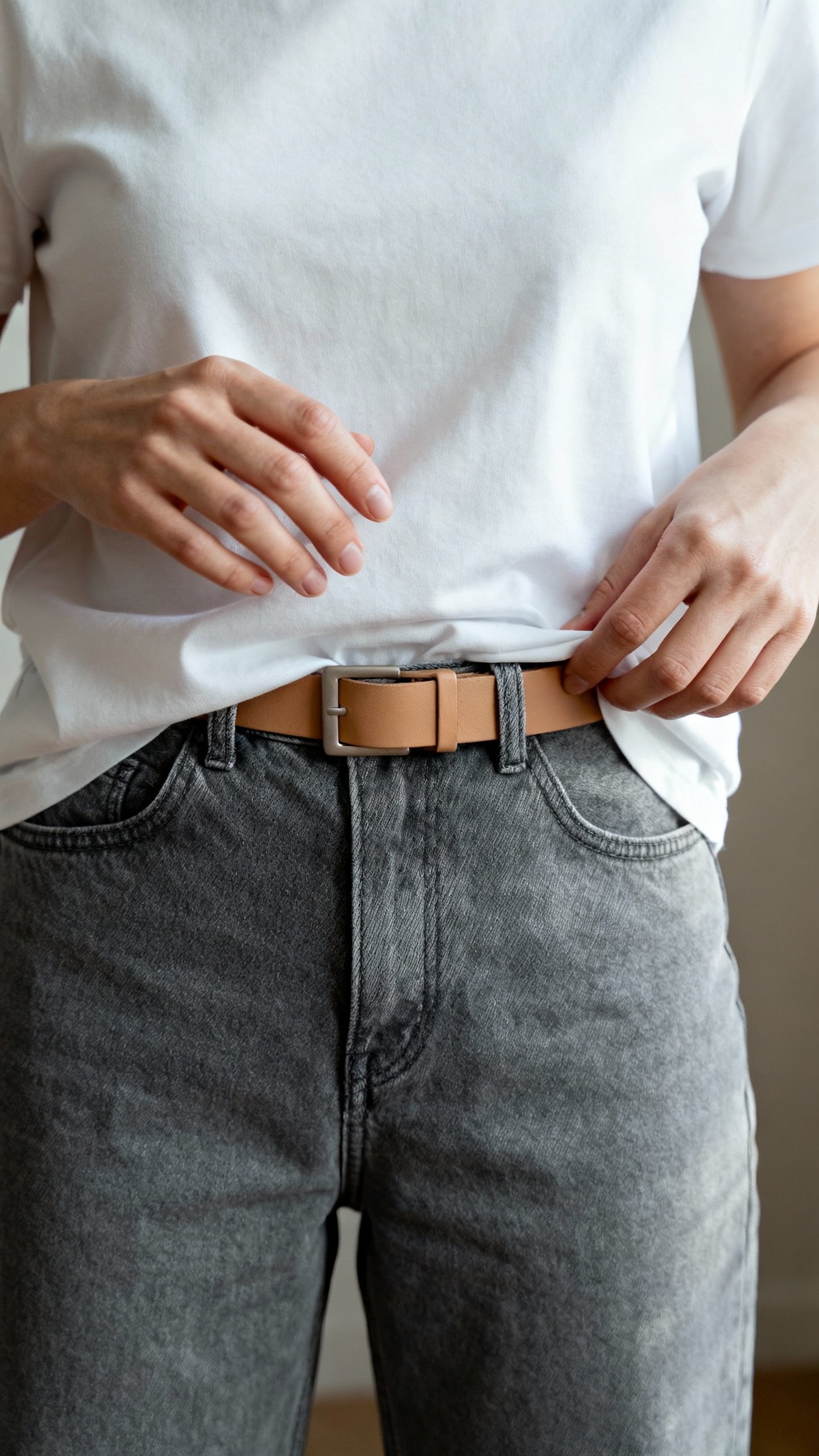 Closeup of female hands half-tucking crisp white tee into straight-leg jeans, minimal leather belt