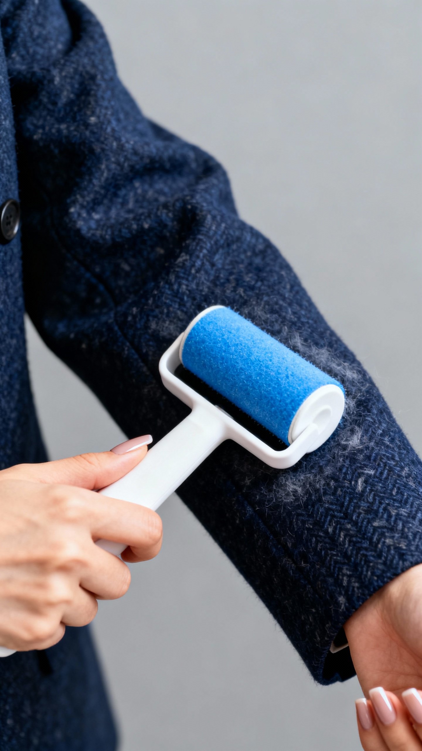 Closeup of female hands lint-rolling navy wool blazer sleeve