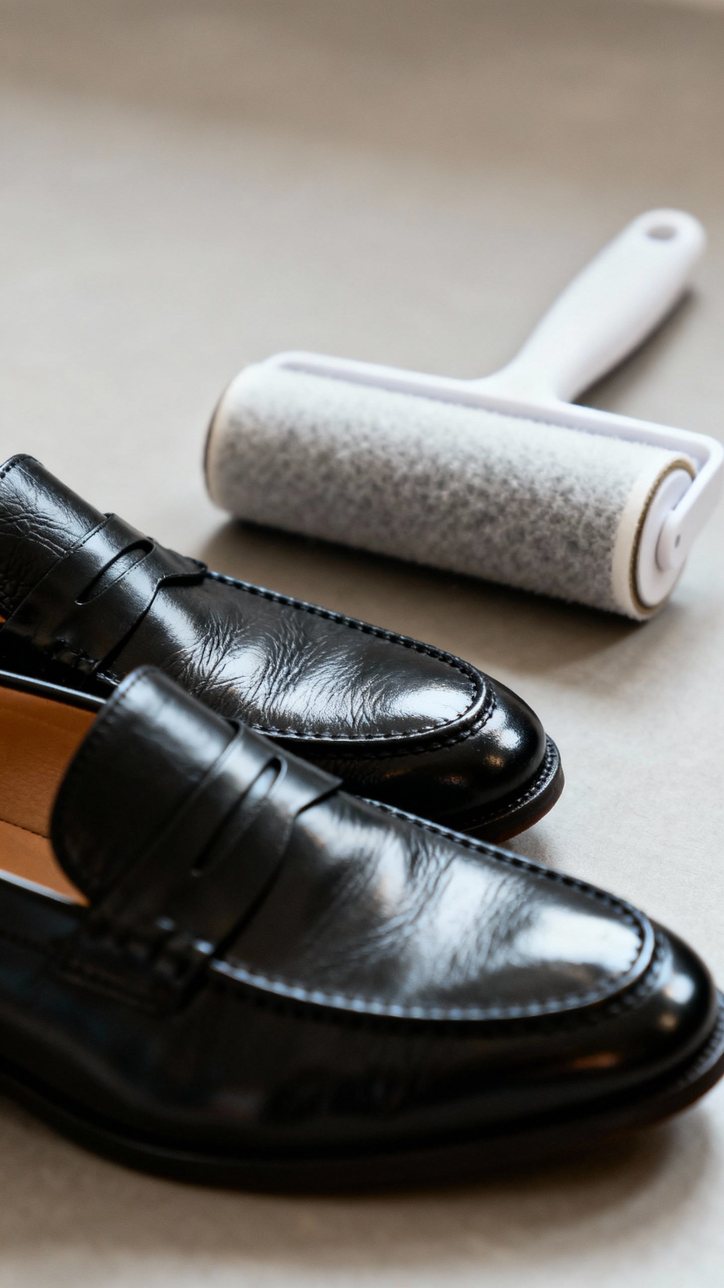 Closeup of polished black leather loafers beside lint roller
