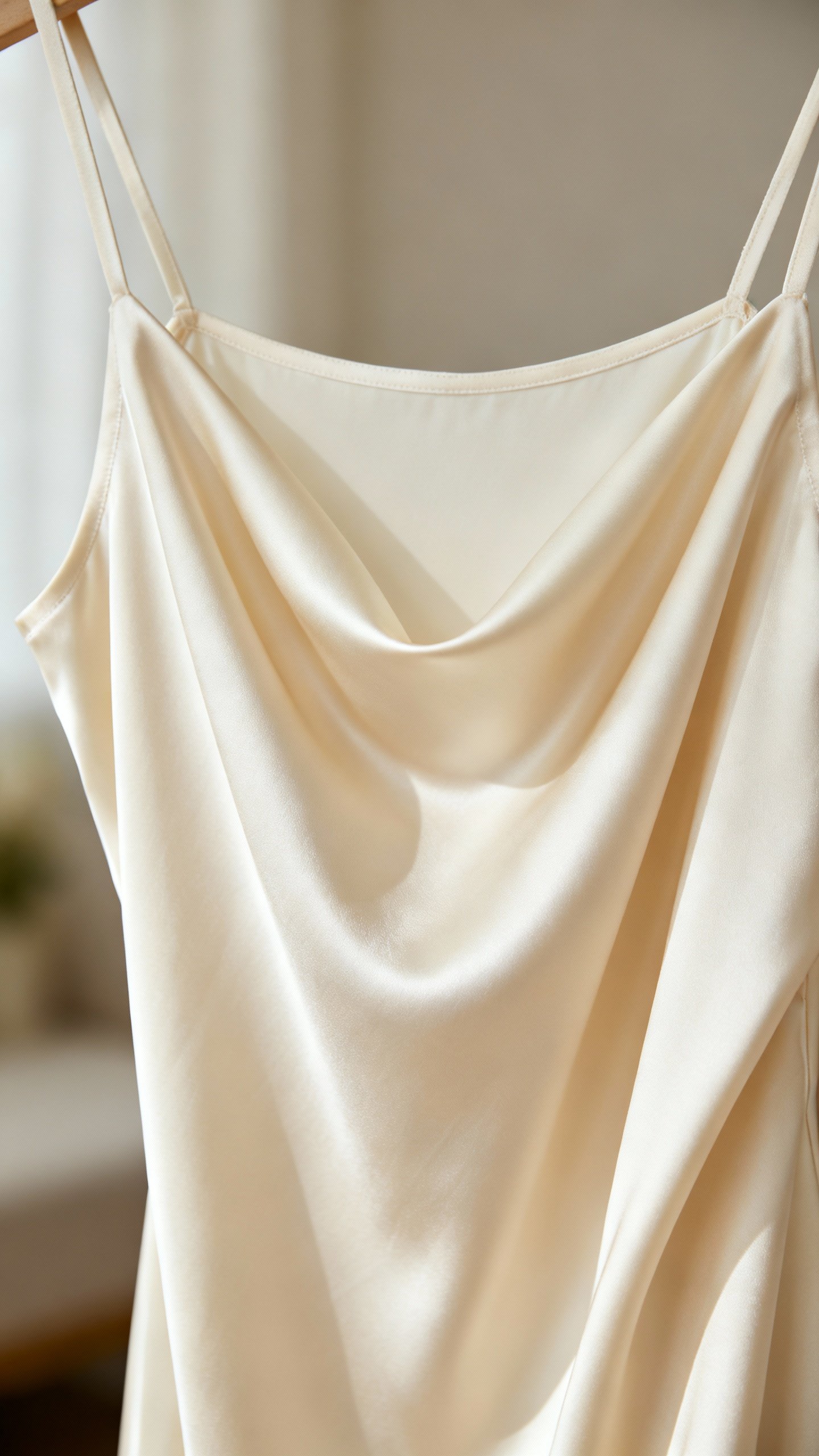 Closeup of silk camisole bias-cut drape in cream