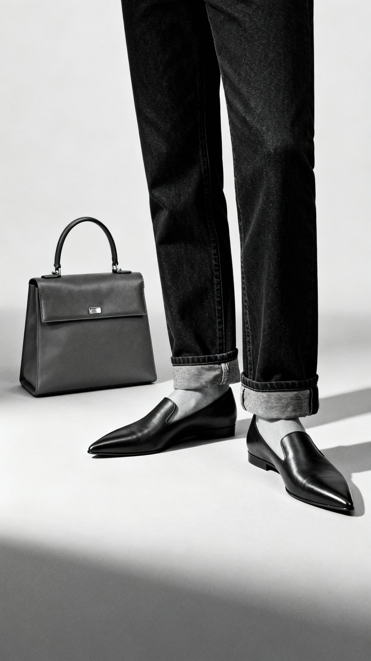Dark straight jeans hem with pointed loafers, structured leather top-handle bag