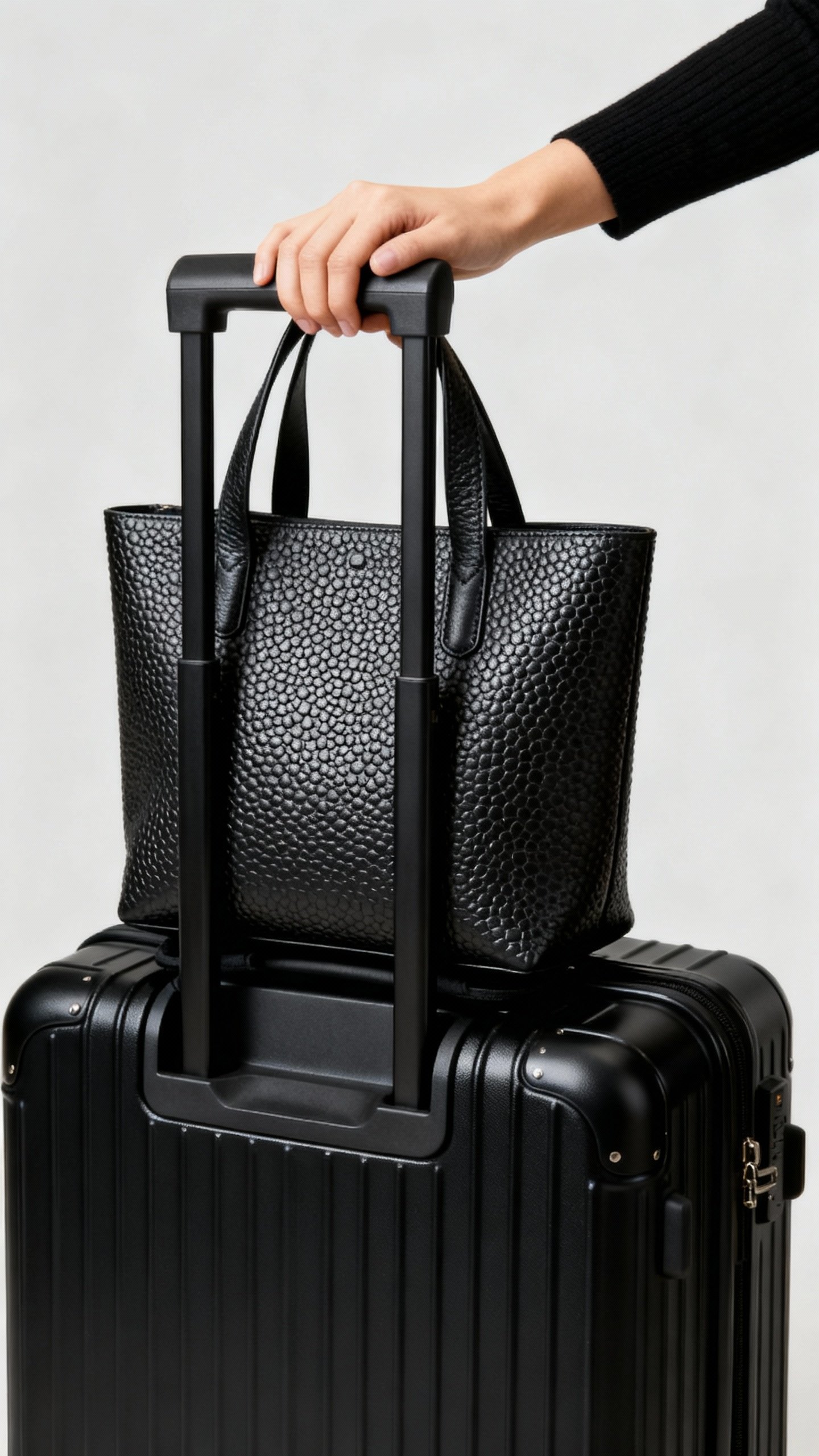 Female hand sliding pebbled leather tote onto trolley sleeve, black suitcase