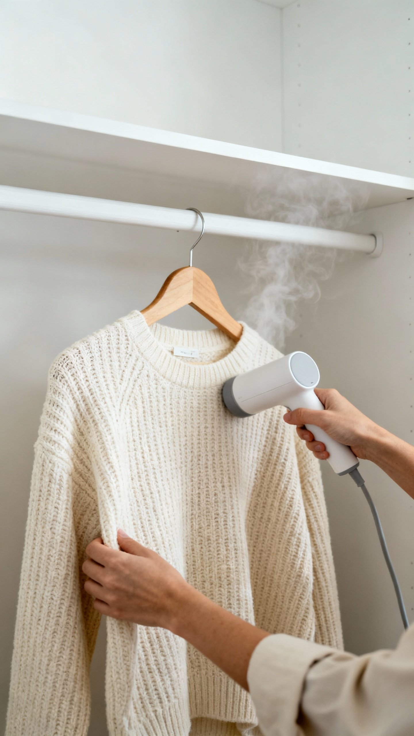 Female hands steaming cream knit sweater on hanger, minimal closet