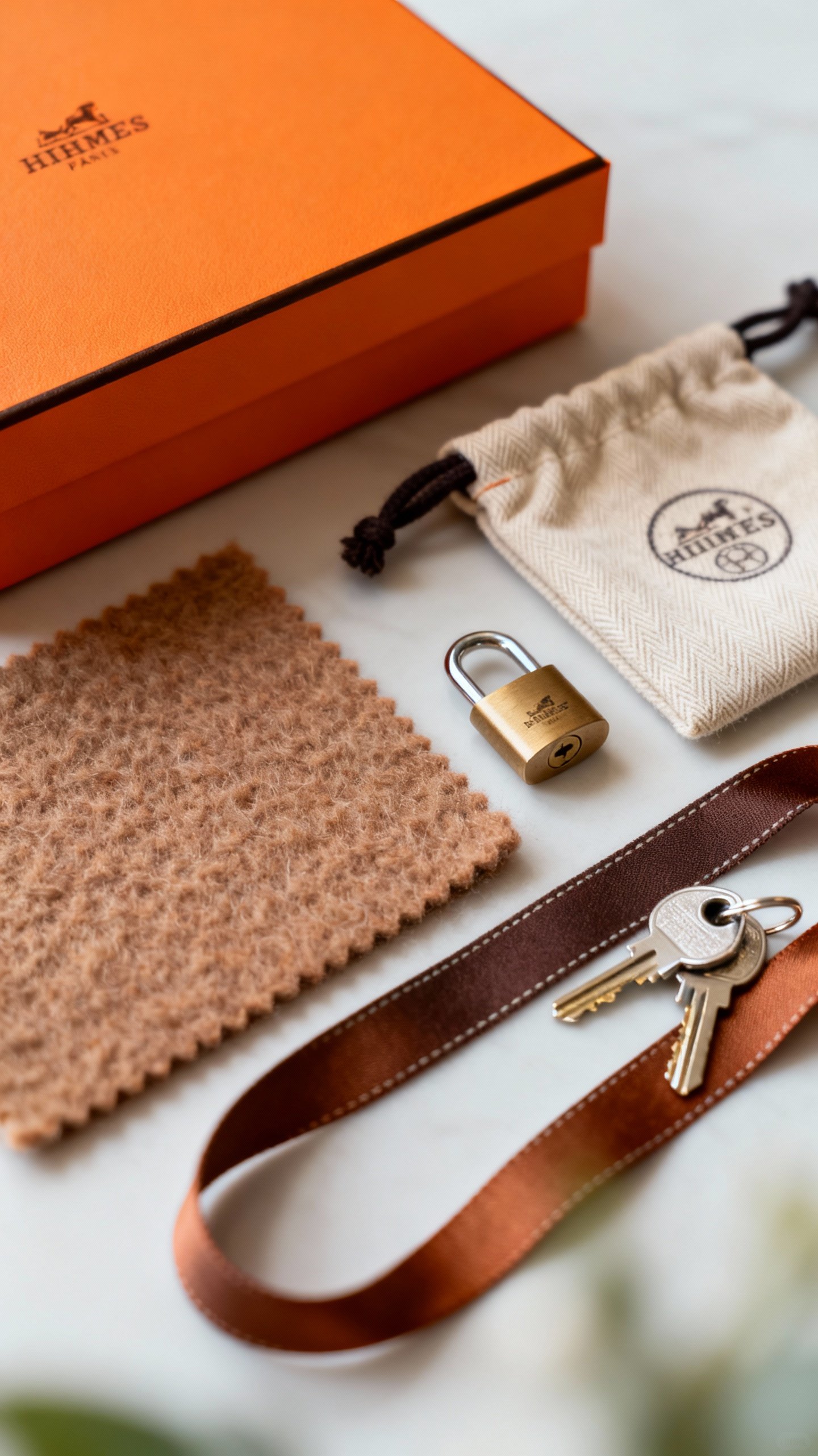 Full set accessories closeup: orange box, dust bags, lock, keys, felt, ribbon