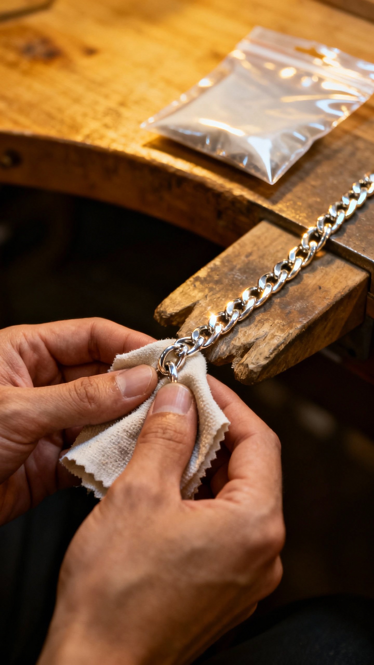 Hands polishing sterling silver chain with cloth, airtight bag nearby