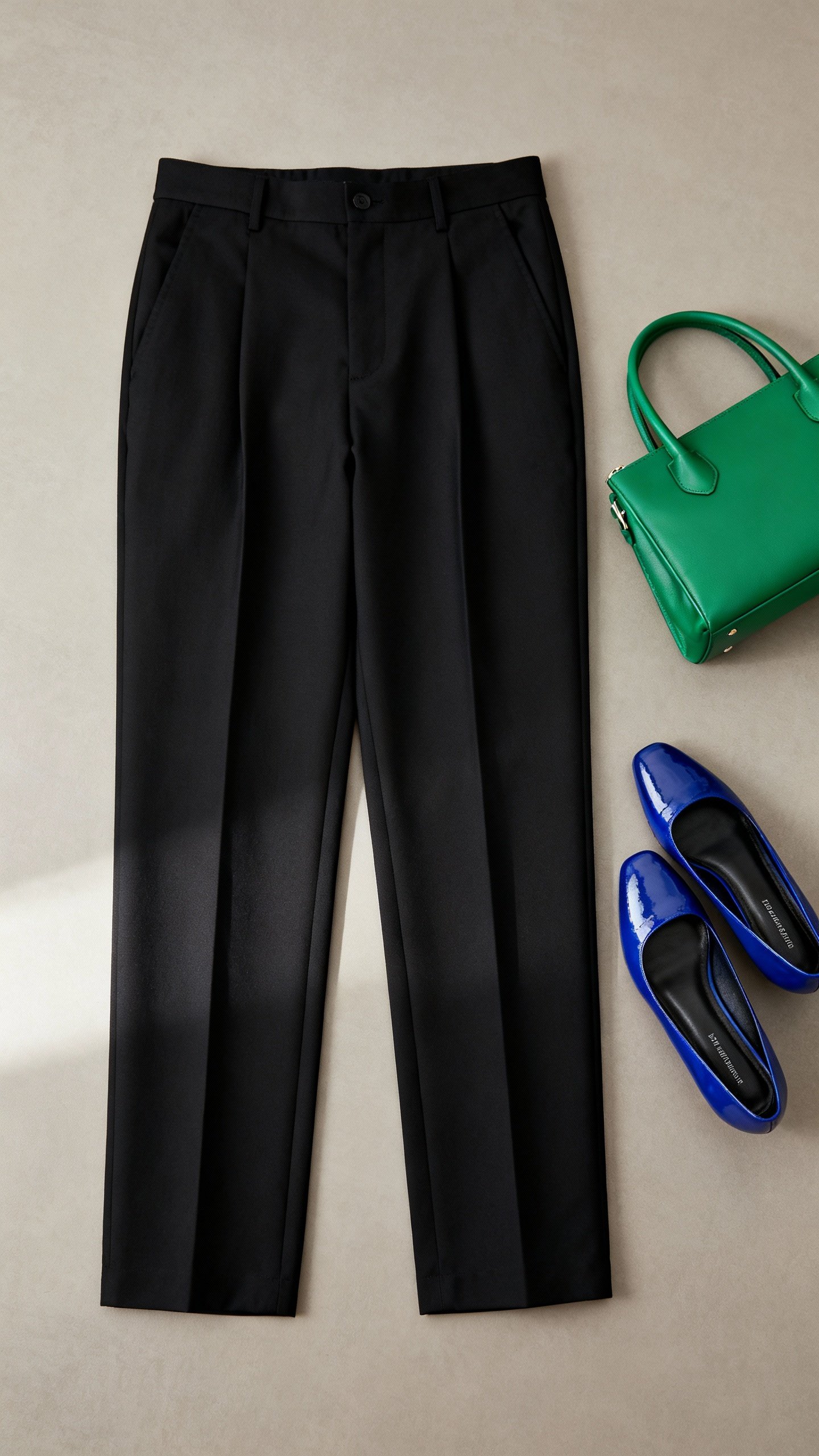Male straight-leg black trousers with cobalt pumps beside green handbag