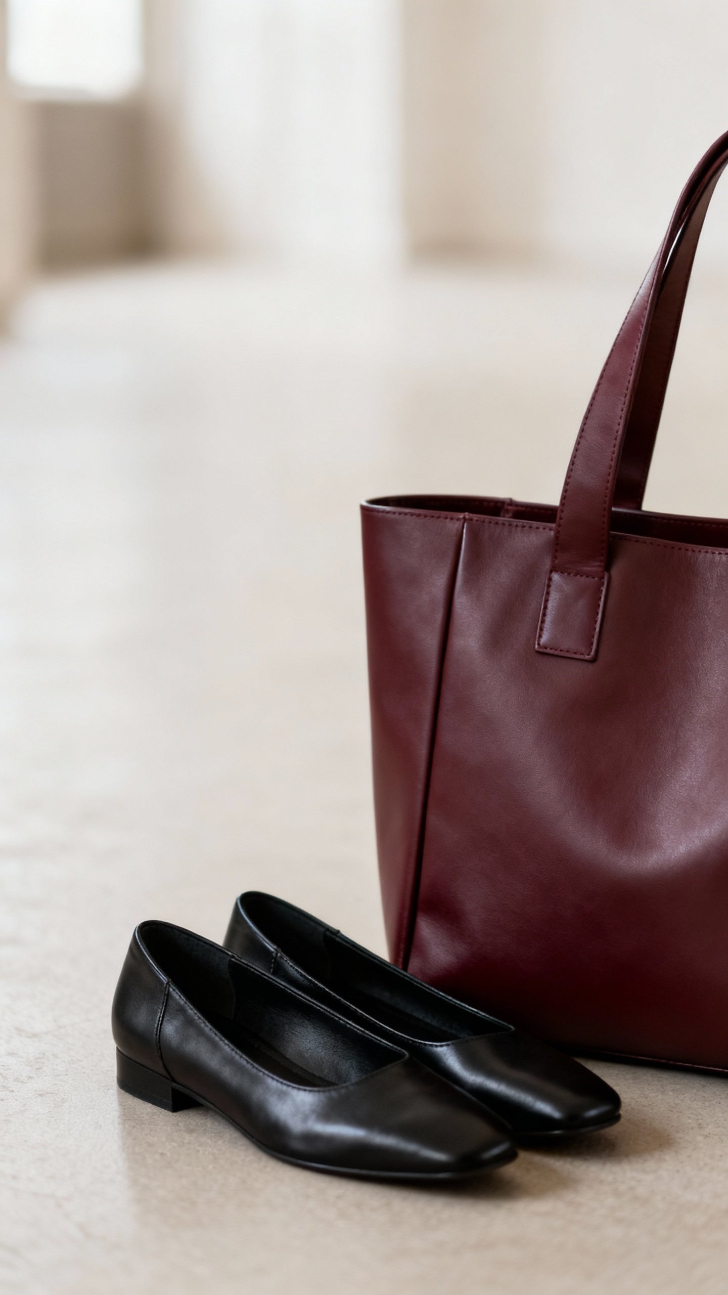Minimal black leather flats beside structured oxblood tote