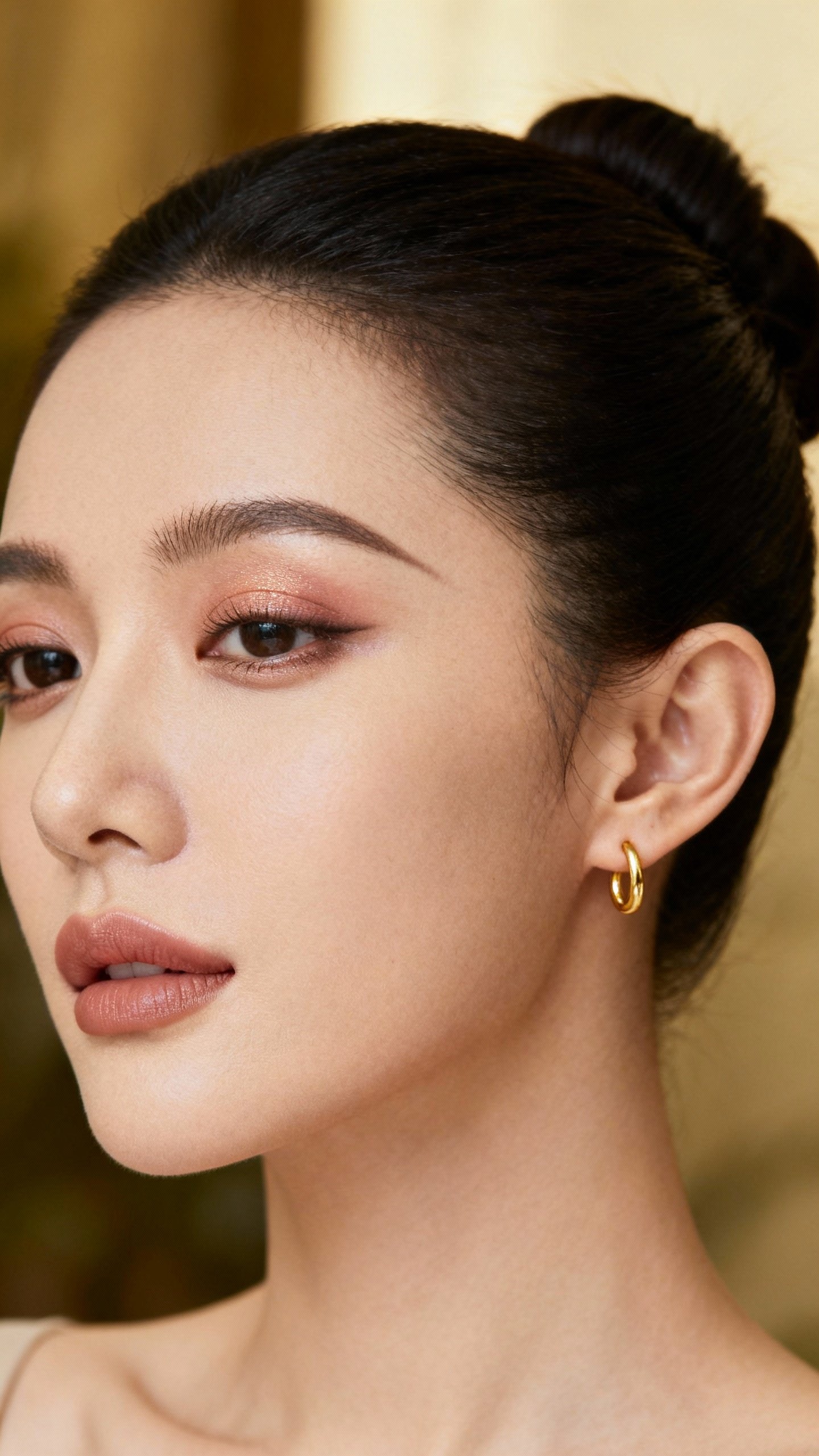 Minimal gold hoop earring and sleek bun, soft natural makeup closeup
