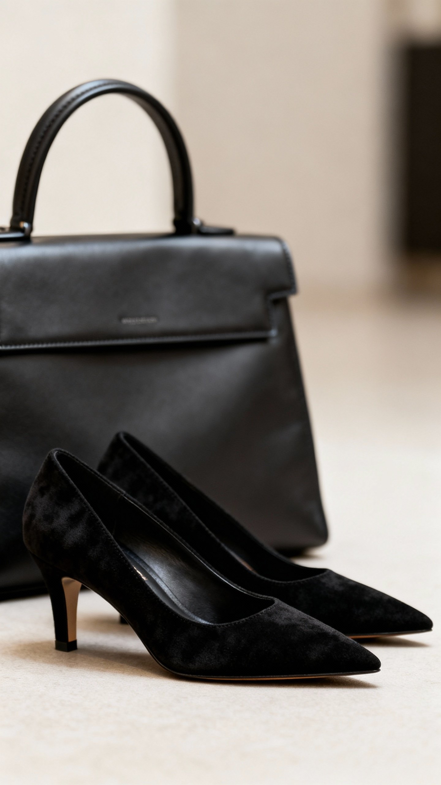 Pointed-toe black suede pumps with 3-inch heel, structured top-handle bag
