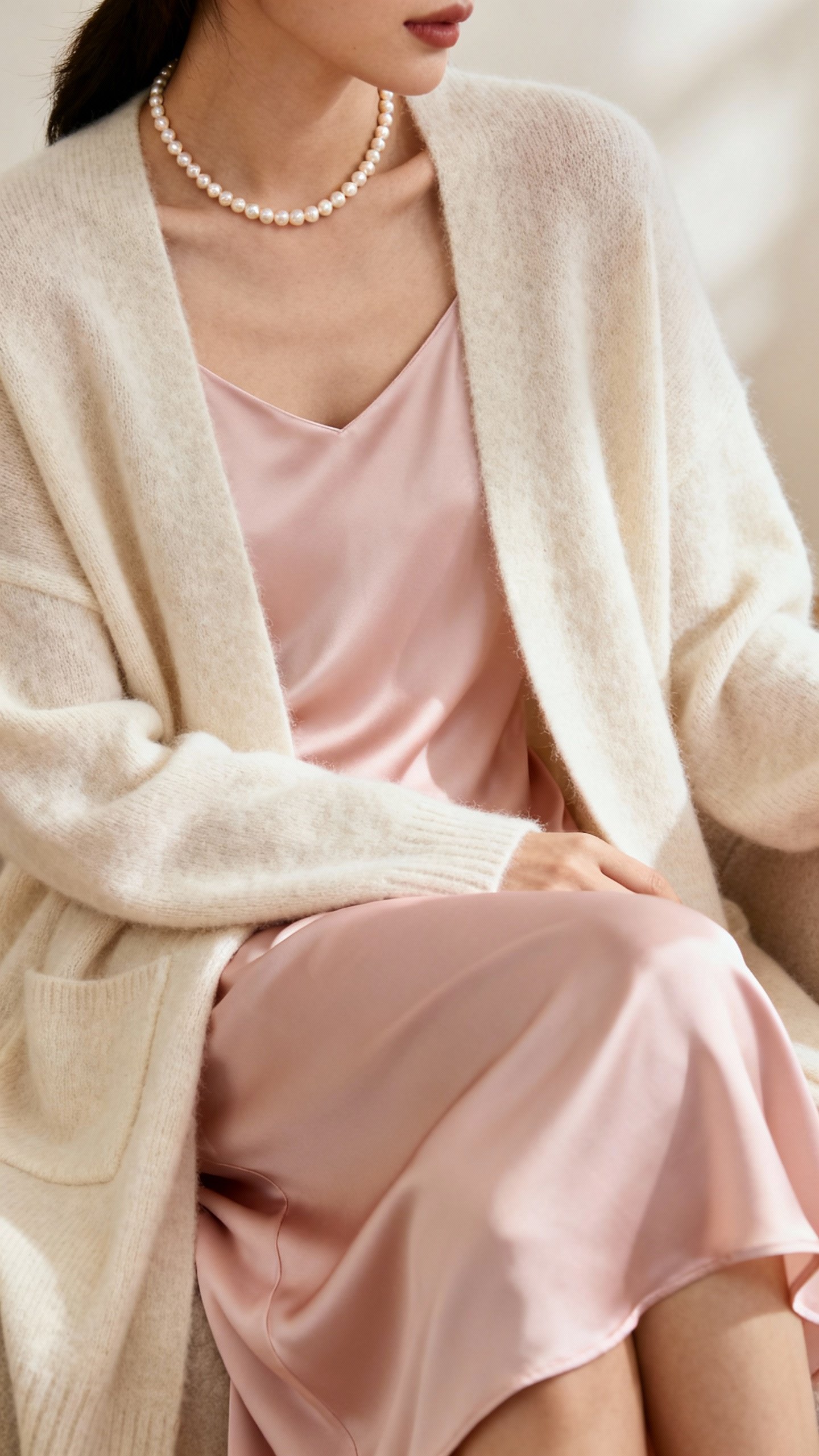 Soft blush slip skirt and cashmere cardigan with pearl necklace