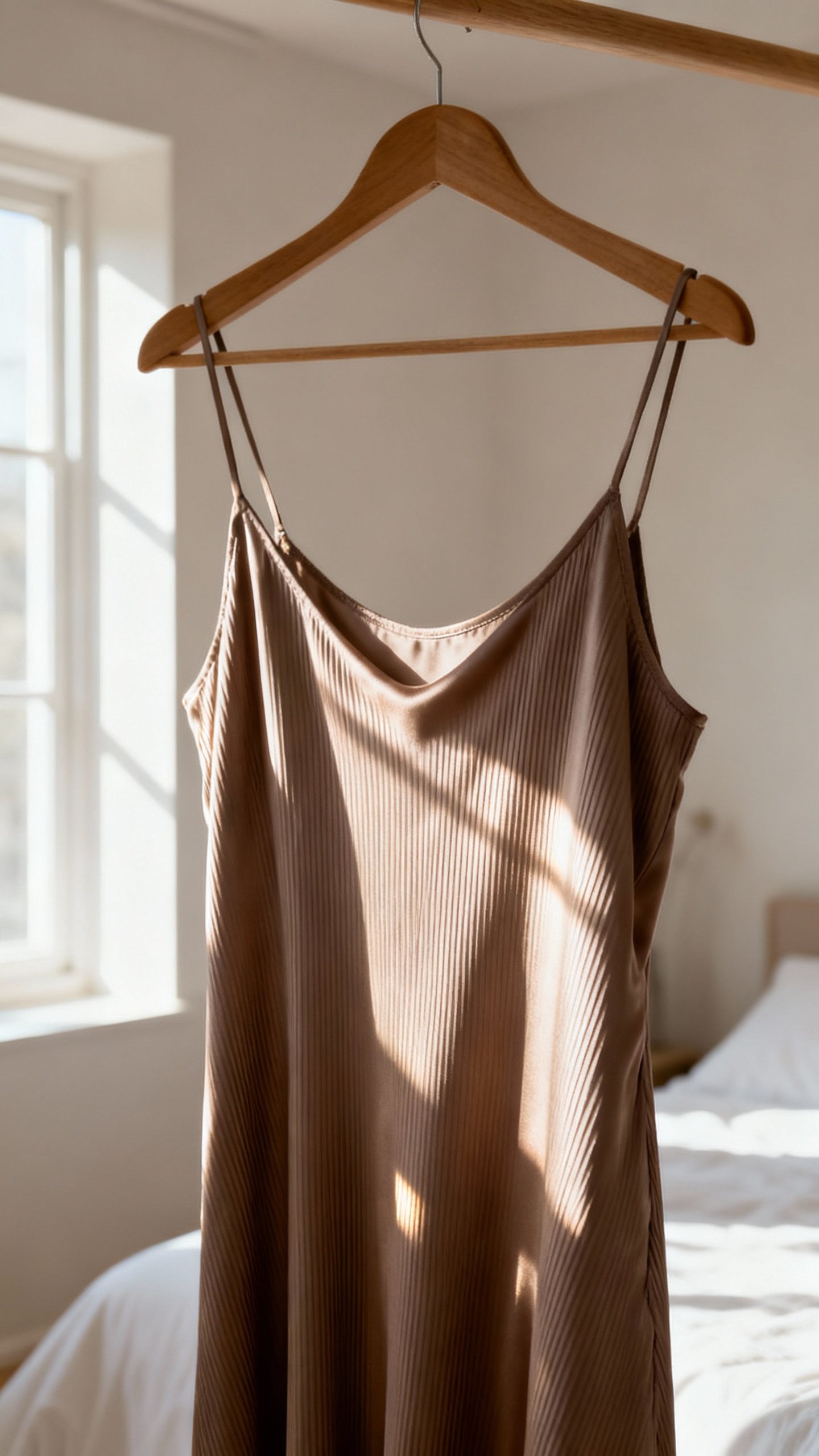 Soft Lounge slip dress in onyx on hanger, silky ribbed texture, sunlight through window, neutral bed