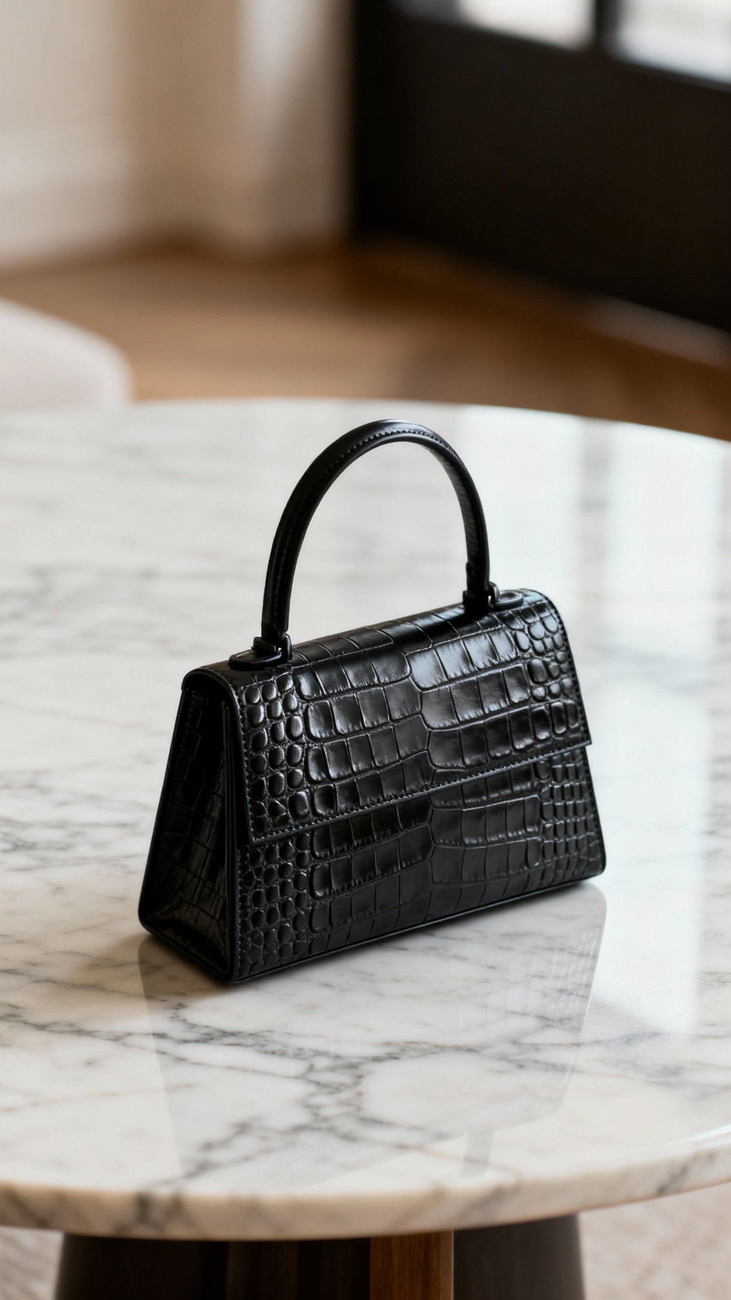 Structured black top-handle bag on marble table, crocodile emboss