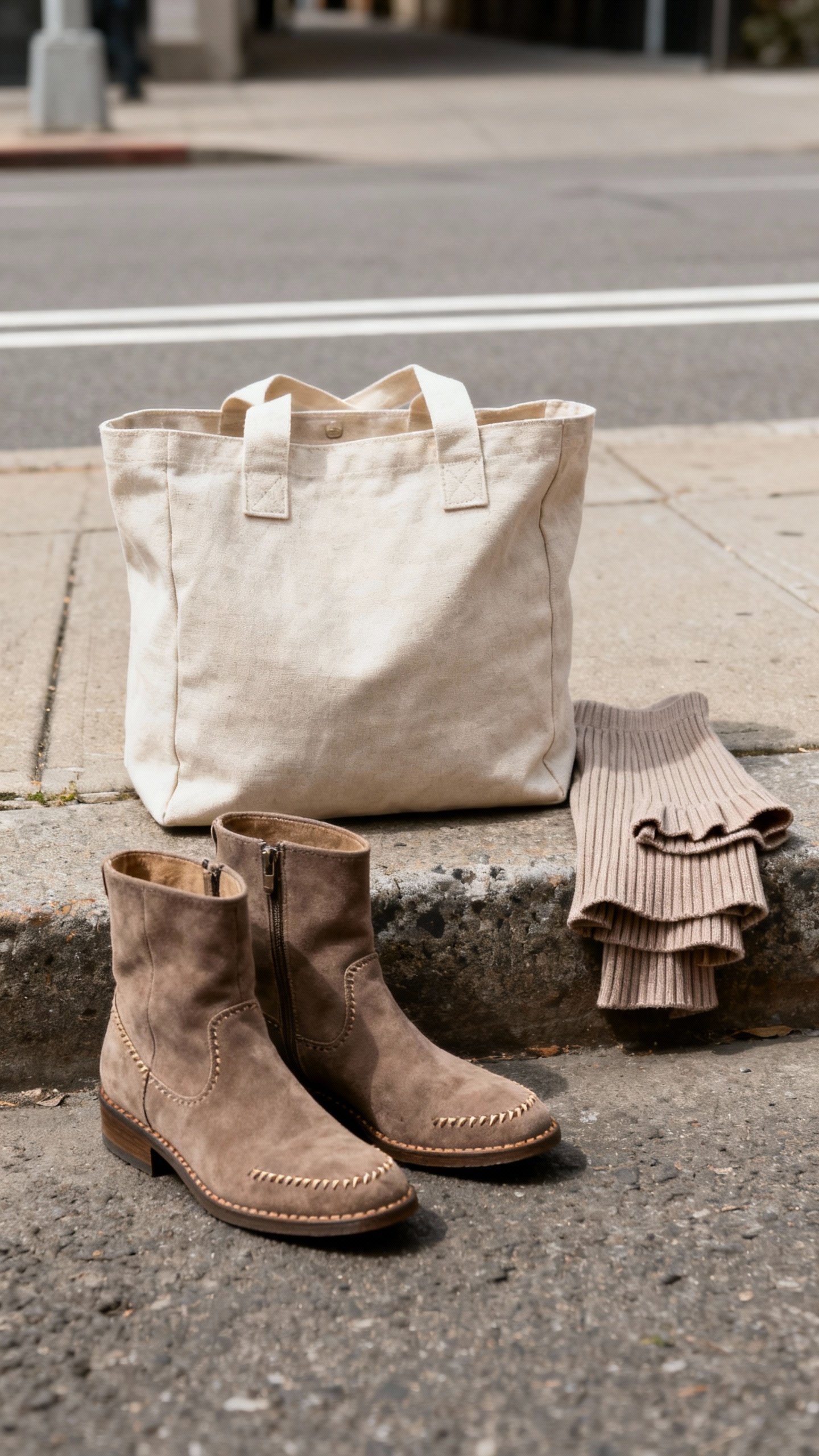 Structured canvas tote with suede boots, ribbed knit dress hem, street curb