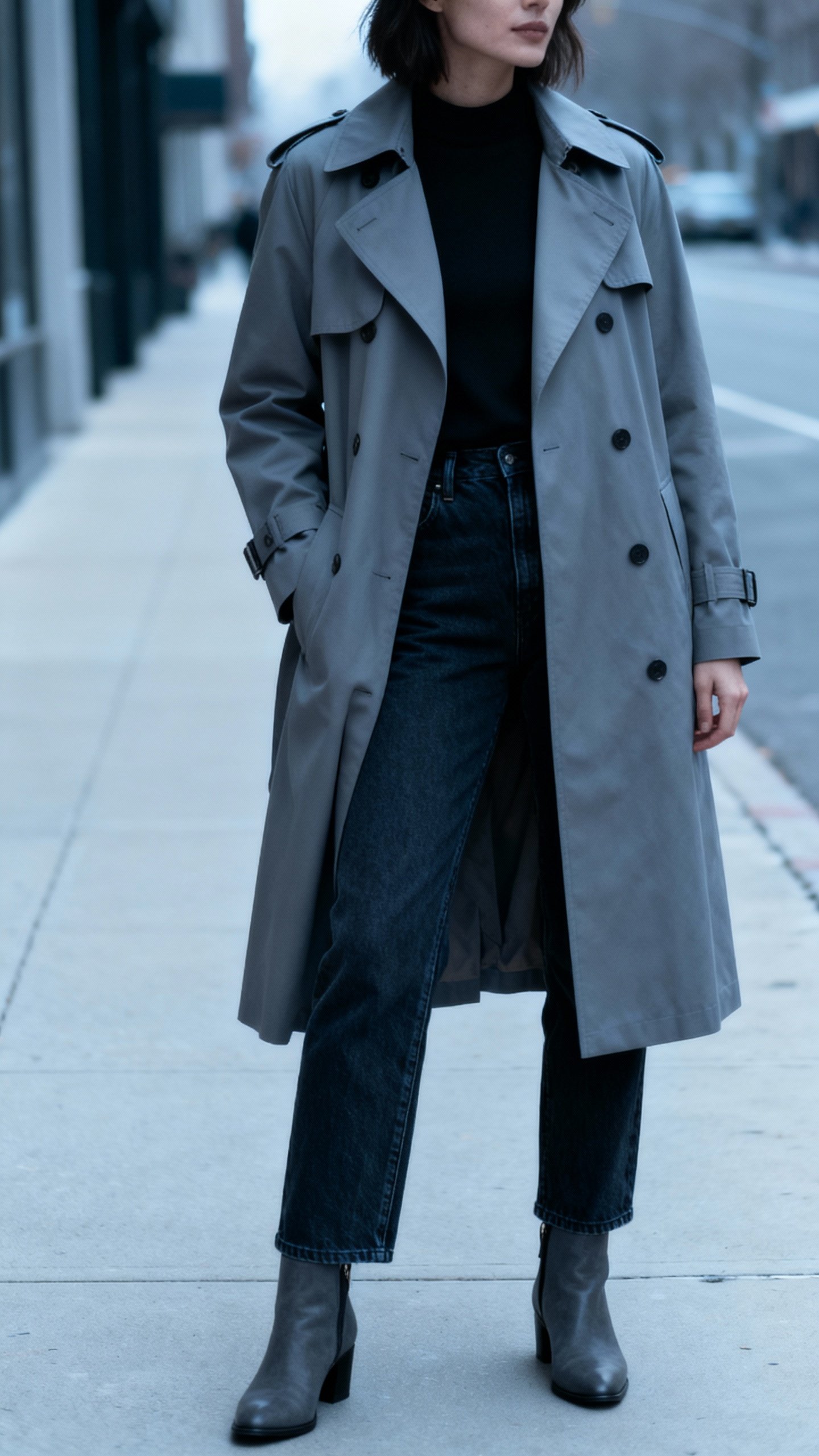 Structured trench over dark denim, ankle boots, clean sidewalk, overcast light