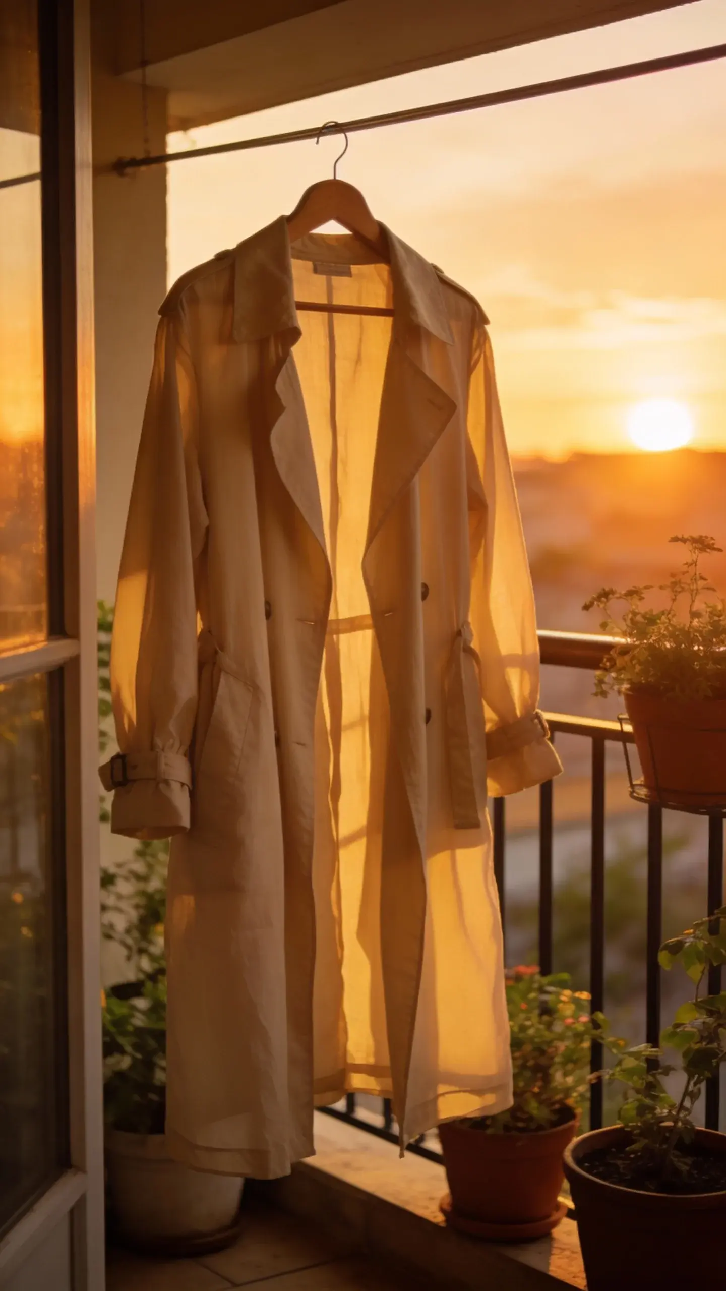 beige lightweight trench on hanger, sunset-lit balcony