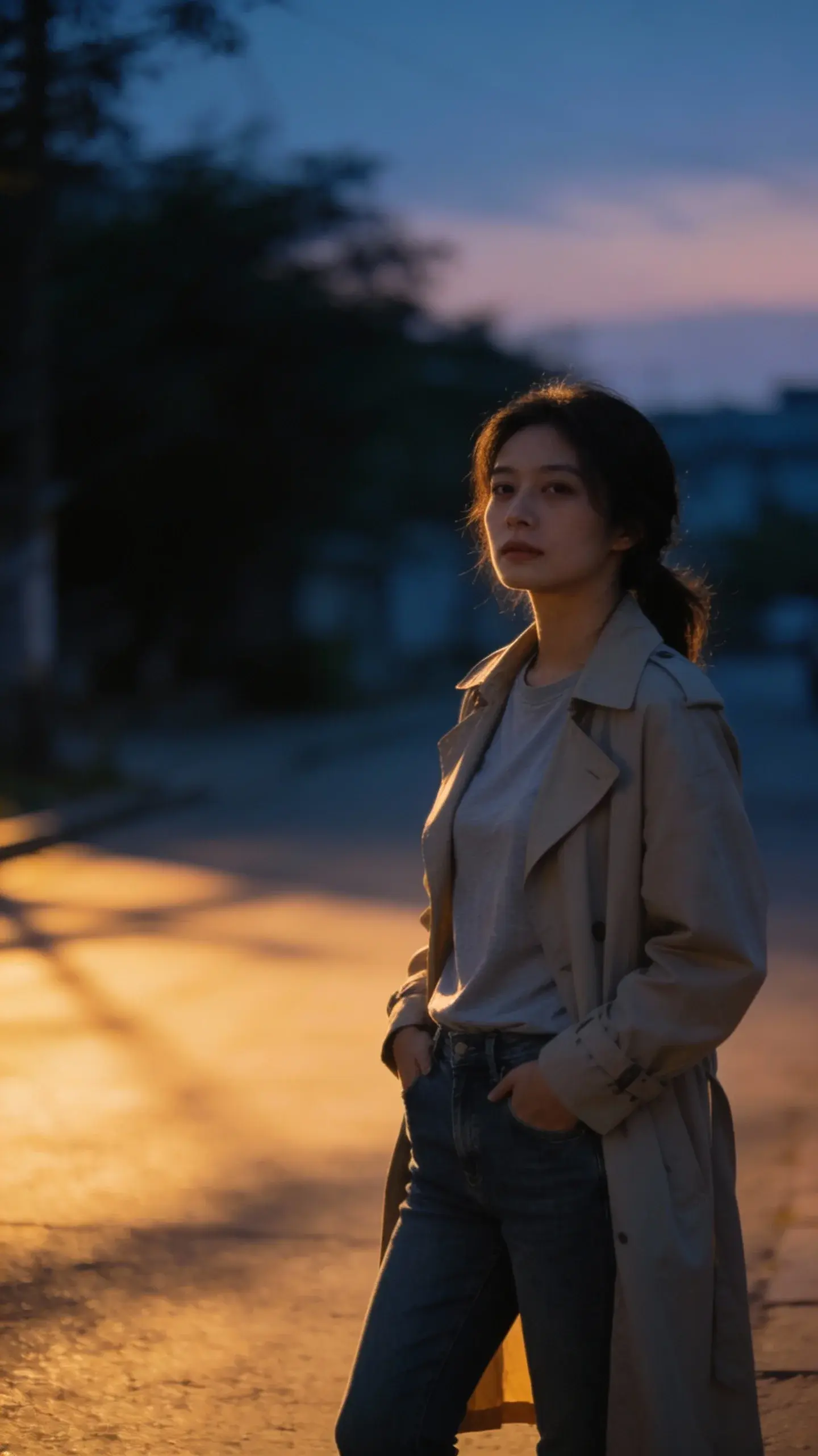 woman in lightweight trench over tee and jeans, twilight