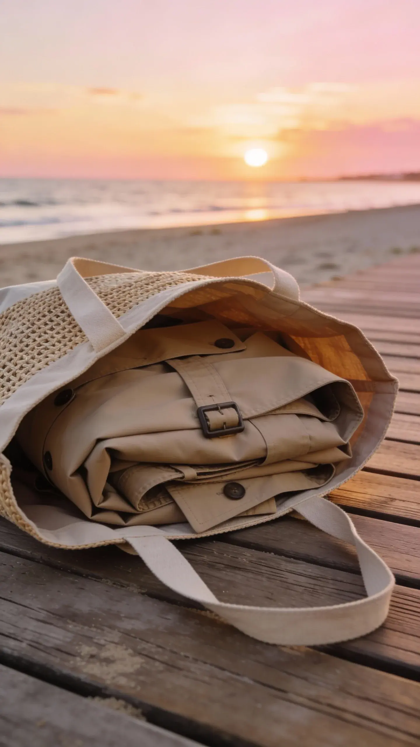 folded lightweight trench in tote bag, beach boardwalk dusk