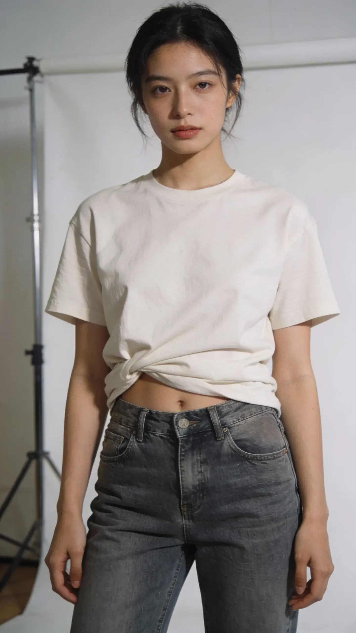relaxed-fit tee on model, half-tuck into jeans, studio lighting