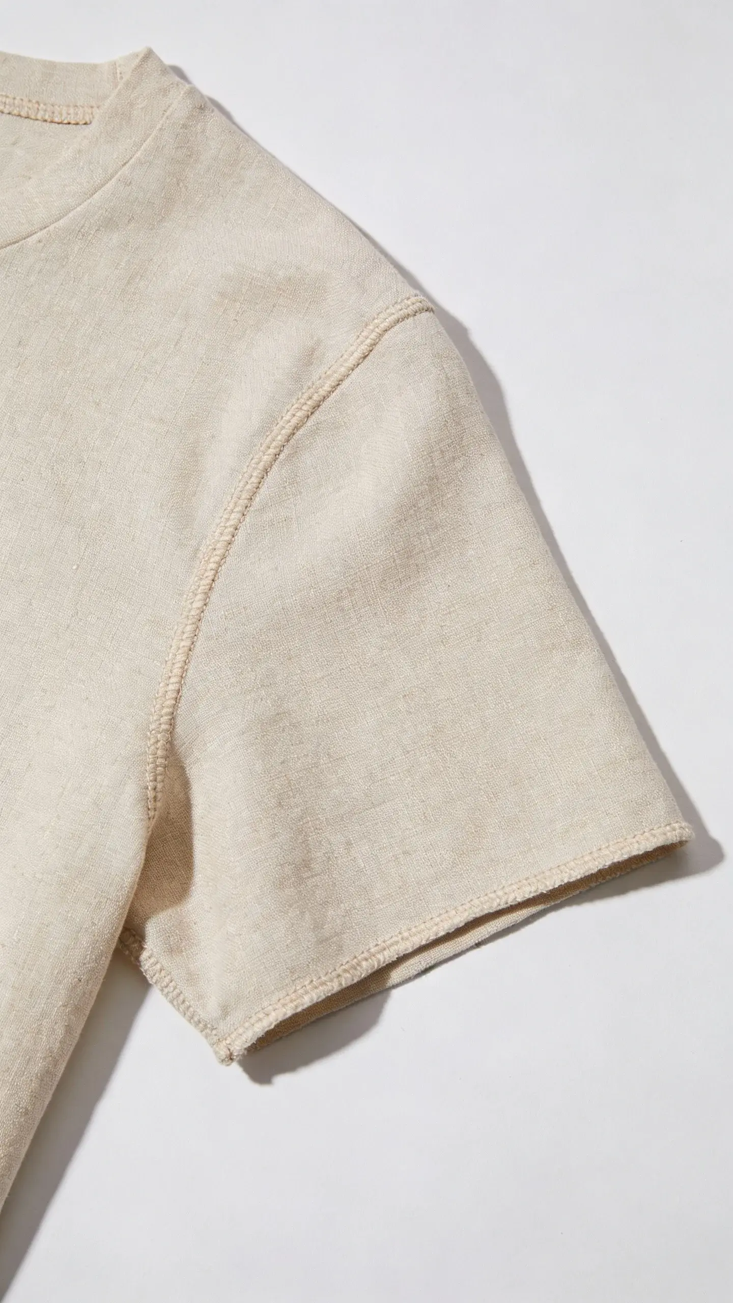 linen blend t-shirt flat lay, shoulder seam and hem detail