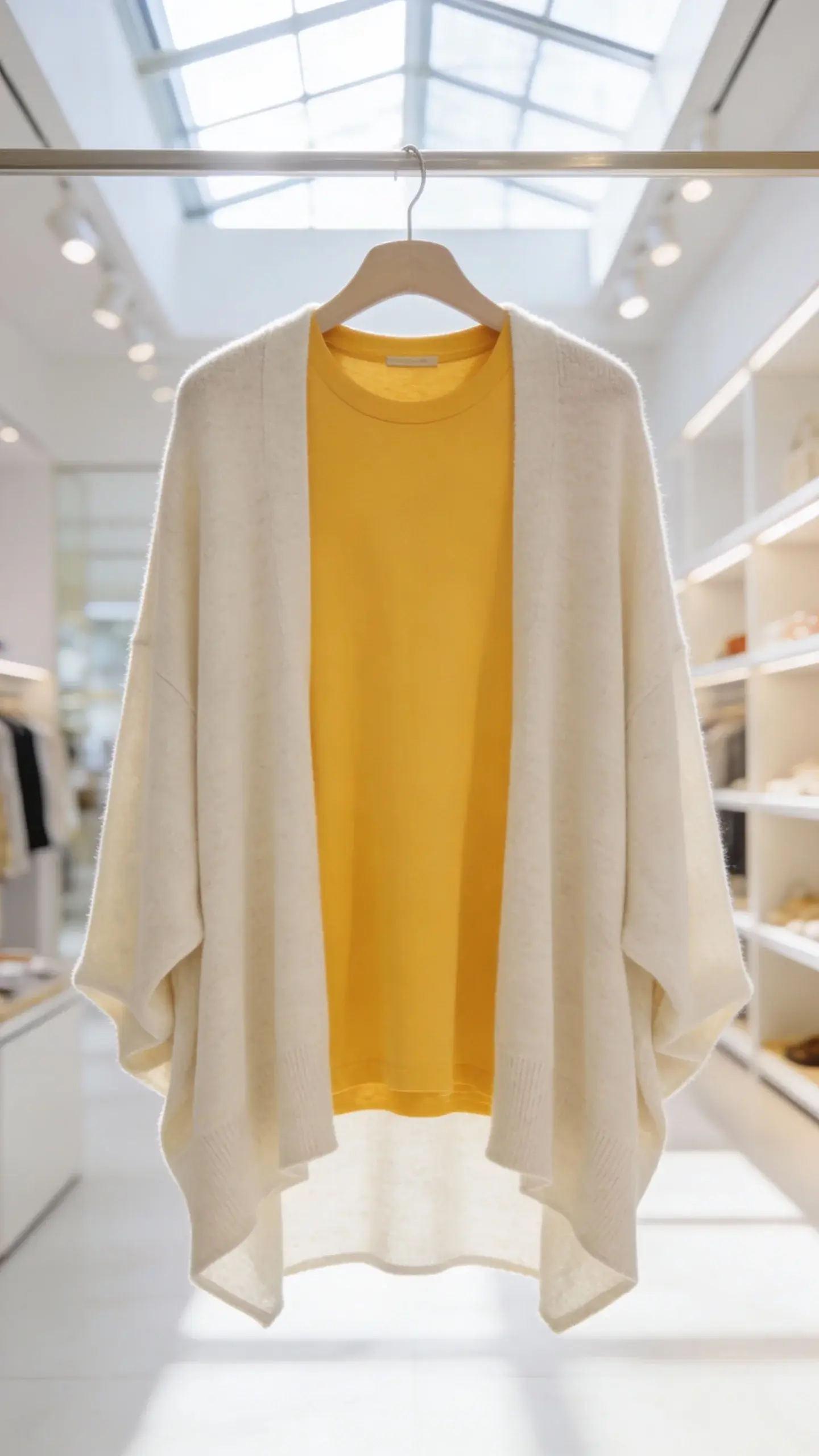 lightweight cashmere blend layered over tee, bright retail store