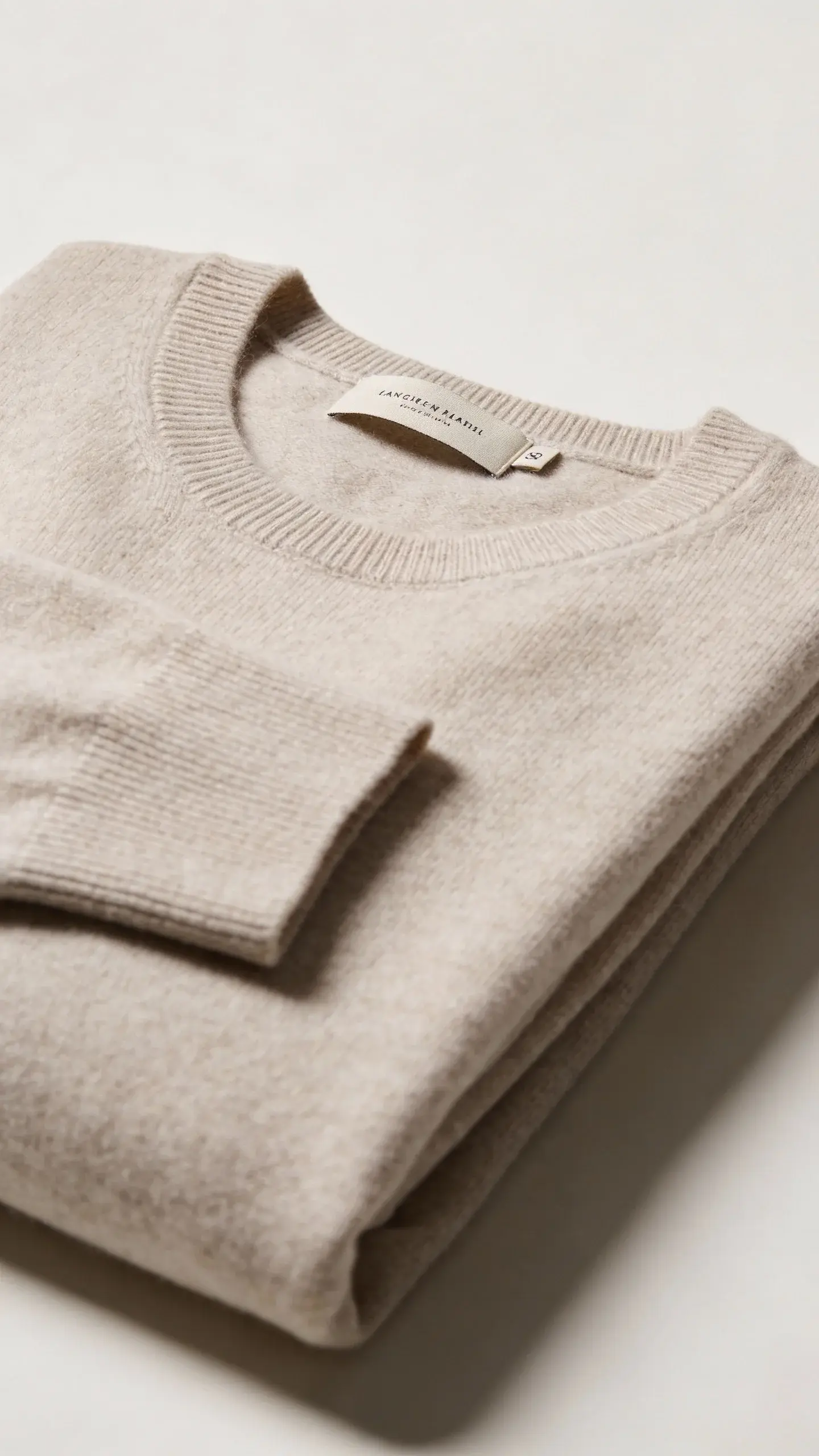 folded cashmere-linen sweater with tag, minimal studio lighting