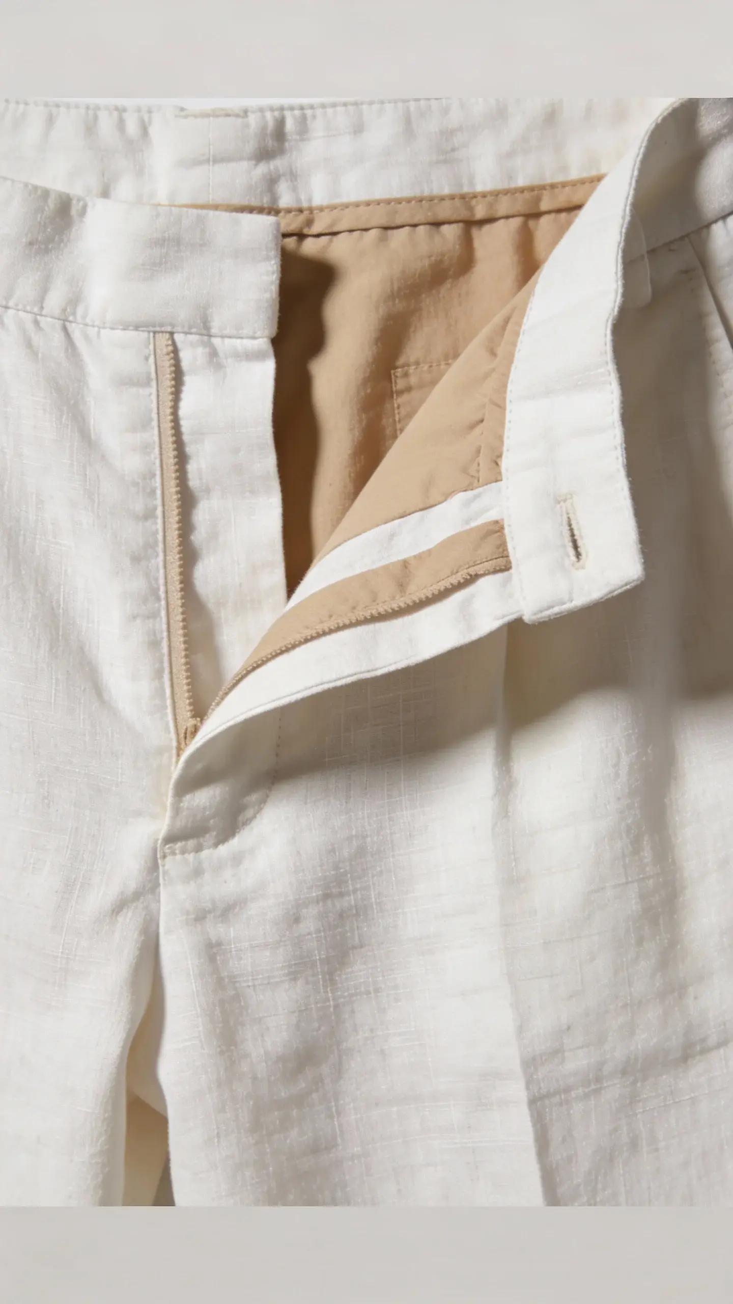off-white linen trousers with beige lining, studio lighting