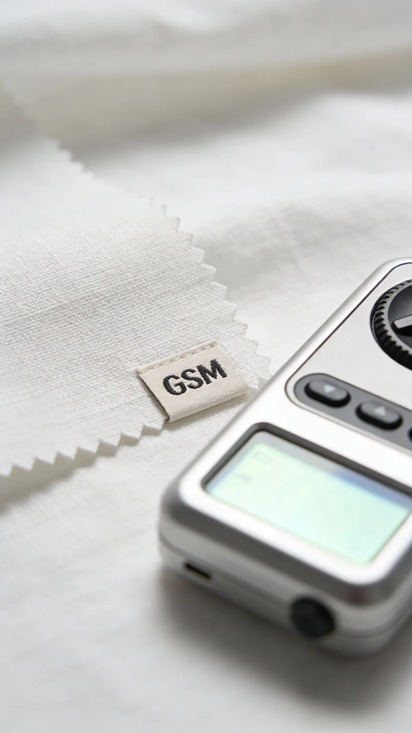 GSM label on white linen swatch beside light meter