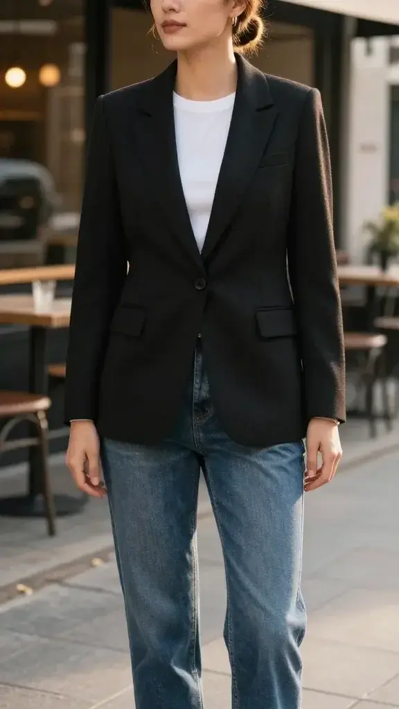 Natural-light editorial photo of a confident woman in her late 30s wearing a perfectly tailored black blazer, styled effortlessly with medium-wash straight-leg jeans and a simple white tee. The blazer skims her torso with clean lines, sharp but natural shoulders (shoulder seam ending at the shoulder bone), a single-breasted closure that rests flat without pulling at the bust or waist, and sleeves ending exactly at the wrist bone with a hint of shirt cuff visible. She stands on a city sidewalk near a chic café, late afternoon golden hour, shallow depth of field for a soft background. Minimal jewelry (small gold hoops, slim watch), subtle makeup, neat hair in a low bun. Realistic fabric texture (matte wool blend), crisp lapels, functional pockets, and impeccable fit. Color palette: neutrals with warm highlights. Photorealistic, high-resolution, lifestyle fashion aesthetic, no text.