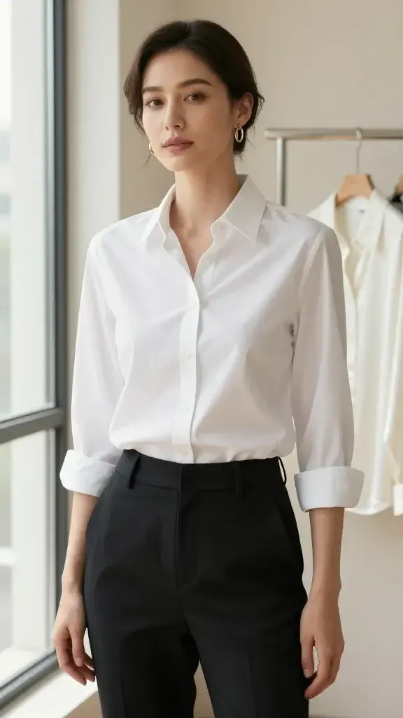 Natural-light studio photograph of a confident woman in her late 30s wearing a crisp white shirt as the hero piece. She stands near a large window with soft morning light, clean neutral background (warm beige), and minimal styling. Outfit: classic white poplin button-down with a sharp collar, slightly rolled sleeves, neatly tucked into high-waisted tailored black trousers; delicate gold hoop earrings and a slim leather belt add subtle polish. A relaxed oxford and a silk/satin blouse in white hang on a nearby minimalist clothing rack, softly out of focus to suggest styling options. Texture details visible: fine poplin weave, smooth buttons, crisp cuffs; natural skin texture and soft, flattering makeup. Composition emphasizes the shirt’s brightness near the face and its timeless versatility; shallow depth of field, high-resolution, editorial fashion lighting, realistic color grading, no text.