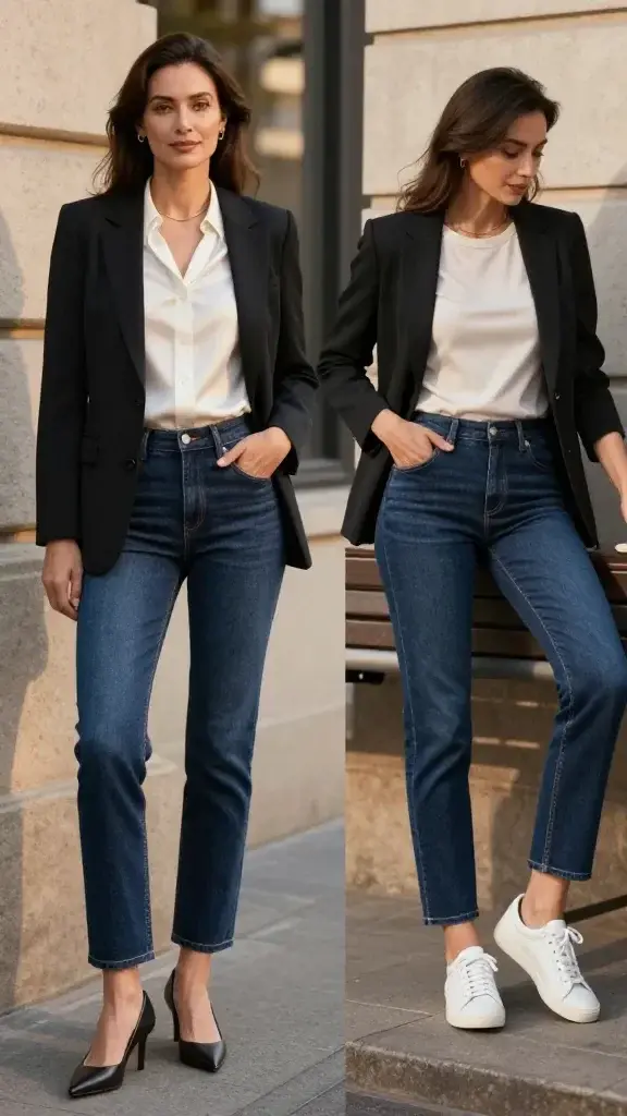 Realistic high-fashion editorial photo of a confident woman in her late 30s to early 40s wearing dark, perfect-fit jeans as the hero piece; mid-to-high rise, slim-straight silhouette in clean indigo with minimal whiskering, full-length hem lightly grazing the top of shoes. Two-scene composite in one frame: foreground shows a polished look—she stands on a city sidewalk near a brushed-stone building at golden hour, wearing a softly structured black blazer, a tucked-in ivory silk blouse, pointed-toe leather heels, and minimal gold jewelry; background depth-of-field reveals a weekend-casual version of the same woman seated on a bench switching to white leather sneakers and a fitted crewneck tee, jeans consistent in both looks. Emphasize impeccable fit that smooths without digging, tailored waistband, clean pockets, and substantial denim with slight stretch (subtle drape and recovery). Natural makeup, neat hair, confident posture. Warm, directional lighting, shallow depth of field, crisp detail on denim texture and seams, neutral color palette with rich indigo as focal point. No text.