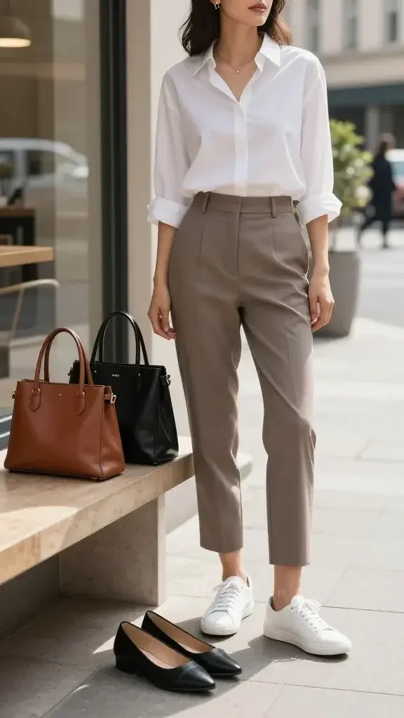 A stylish woman in her late 30s to 40s stands on a sunlit city sidewalk near a minimalist café, captured in a high-resolution, realistic street-style photograph. She wears a crisp white button-down tucked into tailored ankle-length trousers in taupe, with delicate gold jewelry and subtle makeup. At her feet are two shoe options placed thoughtfully: pointed-toe leather flats in black and clean white leather sneakers with minimal detailing. On a low stone bench beside her sit two polished bags: a medium structured leather tote in cognac and a structured crossbody in black, both with refined hardware. The scene emphasizes texture and quality—soft grained leather, smooth calfskin, and neatly finished edges—conveying comfort, polish, and durability. Soft morning light creates gentle shadows, with a blurred urban backdrop (neutral-toned buildings, greenery, and passersby) to keep focus on the woman and the workhorse shoes-and-bag combo. Color palette: black, cognac, taupe, white, and gold accents. Shot on a full-frame camera, 85mm lens, shallow depth of field, editorial fashion photography style, no text.
