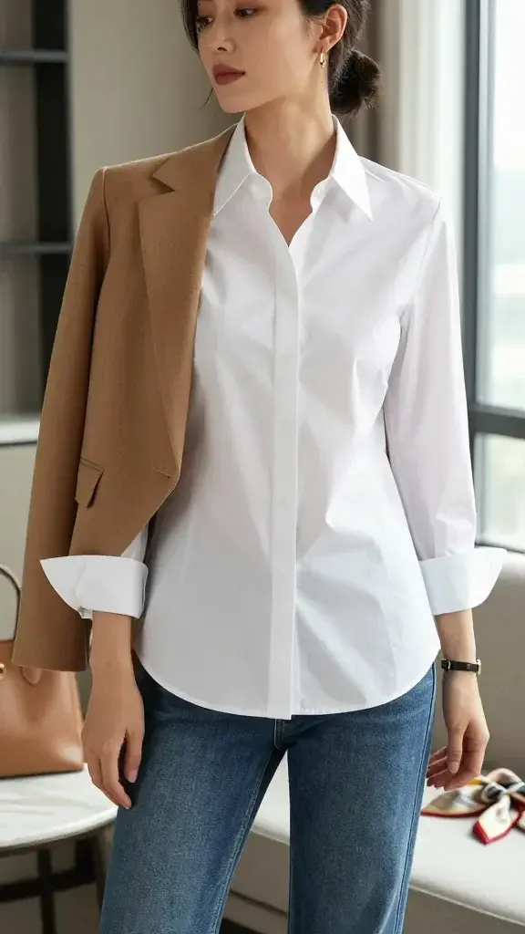 A high-resolution, realistic fashion editorial photo of an elegant woman wearing the perfect white shirt, captured in soft morning light by a window. The shirt is crisp white cotton poplin with a clean, medium-spread collar that sits neatly under a tailored camel blazer draped over her shoulders. The fit skims her body—slightly oversized with structured cuffs and a subtle French tuck into mid-wash straight-leg jeans, making the denim look elevated. She has minimal jewelry (small gold hoops, a slim watch), natural polished makeup, and a sleek low bun. The setting is a chic, modern apartment with neutral tones: a marble side table, a leather tote on a chair, and a neatly folded silk scarf nearby. The shirt looks freshly steamed and bright, with soft shadows emphasizing its structure and drape. Shallow depth of field, editorial lighting, 50mm lens look, no text.