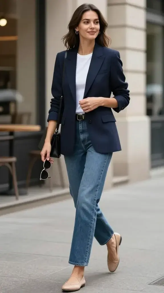 Realistic high-resolution street-style photo of an elegant woman wearing a structured blazer, the clear hero of the look: single-breasted, clean padded shoulders, nipped waist, smooth lapels, sits flat when buttoned and skims the hips. Fabric looks like midweight wool blend with subtle twill texture; slight sheen from a stretch lining peeking at the cuff. Color: deep navy blazer over a crisp white crewneck T-shirt. She pairs it with straight-leg medium-wash jeans and nude leather ballet flats for an effortless “I planned this” vibe. Minimal gold hoop earrings, a slim leather belt, and a small black crossbody bag. Natural daylight on a chic city sidewalk near a café, soft bokeh background with neutral-toned buildings. Pose: mid-stride, confident posture, relaxed smile, one hand adjusting the blazer front, the other holding sunglasses. Lighting bright but diffused, emphasizing tailoring lines and fabric drape. Ultra-detailed, editorial fashion photograph, 50mm perspective, shallow depth of field, no text.