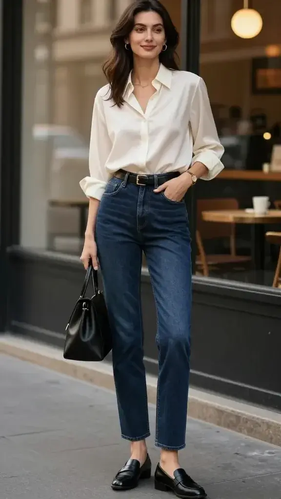 A realistic, high-quality fashion photo of an elegant woman wearing dark-wash denim that flatters her body, styled in a refined, timeless look. She stands on a sunlit city sidewalk near a boutique café, early golden hour. Outfit: high-rise, slim-straight dark indigo jeans with minimal whiskering and excellent fabric recovery (no sagging), paired with a fluid ivory silk blouse half-tucked, a slim black leather belt with a subtle gold buckle, and polished black leather loafers. Accessories: delicate gold hoop earrings, a simple gold watch, and a structured black leather top-handle bag. Hair smooth and softly waved, natural makeup. Pose: relaxed, one hand in pocket, soft confident smile, weight shifted for leg-lengthening lines. Background softly blurred to keep focus on the jeans’ fit and finish; realistic textures and lighting showcasing clean seams, rich indigo tone, and smooth waistline. Shot on full-frame camera, 50mm lens, shallow depth of field, crisp detail, editorial street-style aesthetic.