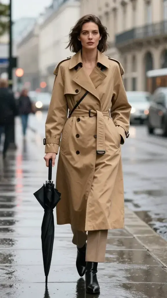 Realistic high-resolution fashion street photograph of an elegant woman wearing a classic mid-calf camel trench coat in light rain on a city sidewalk. The trench has clean lines with optional epaulets and storm flaps, water-resistant cotton gabardine fabric with subtle sheen, structured collar popped, belted at the waist for shape. She pairs it with tailored ankle-length trousers, sleek leather ankle boots, and a minimalist crossbody bag. Hair slightly tousled by the weather, dewy skin, understated makeup. She holds a compact black umbrella at her side and gazes forward with composed confidence. Soft, cinematic overcast lighting with reflective wet pavement, blurred traffic lights and classic European architecture in the background, light raindrops visible. Natural color palette: camel, black, cream, and muted city tones. Shallow depth of field, full-body three-quarter view, editorial-quality realism. No text.