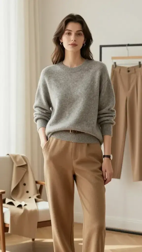 Realistic, high-resolution editorial fashion photo of an elegant woman wearing a neutral knit sweater that goes with everything, captured in soft natural window light. She stands in a minimalist, modern apartment with a muted palette (warm white walls, light oak floor, cream linen curtains), next to a tailored blazer draped on a chair and structured trousers on a hanger to suggest versatility. The sweater is a luxurious cashmere crewneck in heather gray, subtly textured, slightly oversized with refined ribbed cuffs and hem, half-tucked into high-waisted camel wool trousers. She has a calm, poised expression, dewy natural makeup, and softly styled hair. Styling details: delicate gold hoop earrings, slim leather belt, classic watch, and a folded trench coat on the back of a chair. Include a second neutral knit (oatmeal merino) casually tossed over her shoulders to show layering options. Depth of field: shallow, with the subject crisp and the background gently blurred. Color tones: ivory, oatmeal, camel, heather gray; overall cozy, quiet luxury aesthetic. Shot at 50mm, f/2.8, diffused daylight, true-to-life textures, no text, no logos.