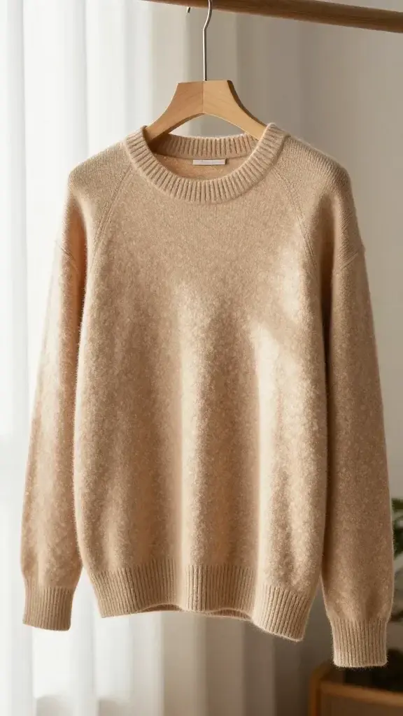 camel cashmere sweater on wooden hanger, soft window light