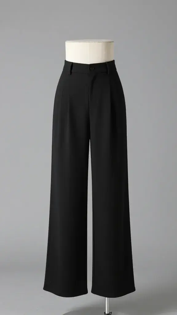 black wide-leg trousers on mannequin, seamless gray backdrop