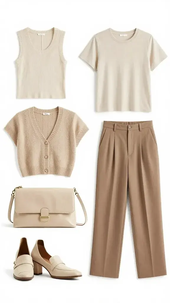 neutral capsule wardrobe flat lay, 15 pieces, white backdrop