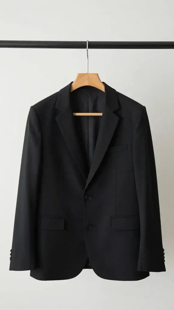 black blazer on wooden hanger, soft studio lighting