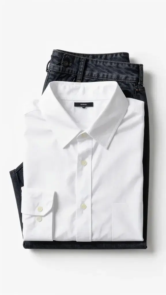 white button-down and dark jeans folded, minimalist styling