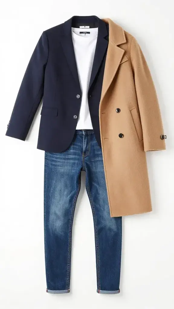 navy blazer, white tee, slim jeans, camel coat, studio flatlay