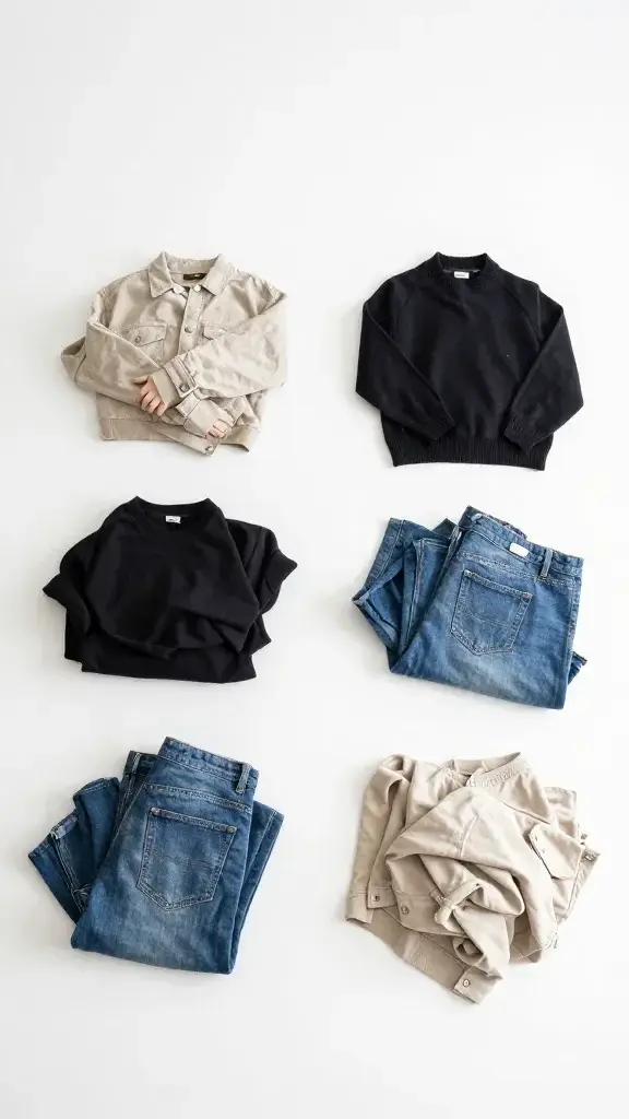 four labeled clothing piles on white floor