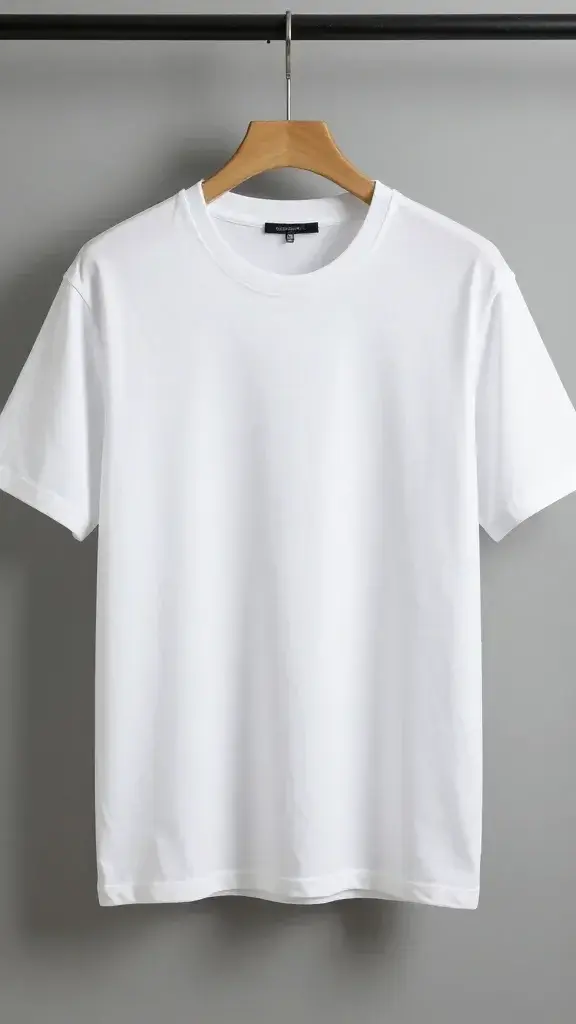 midweight white crewneck tee on wooden hanger